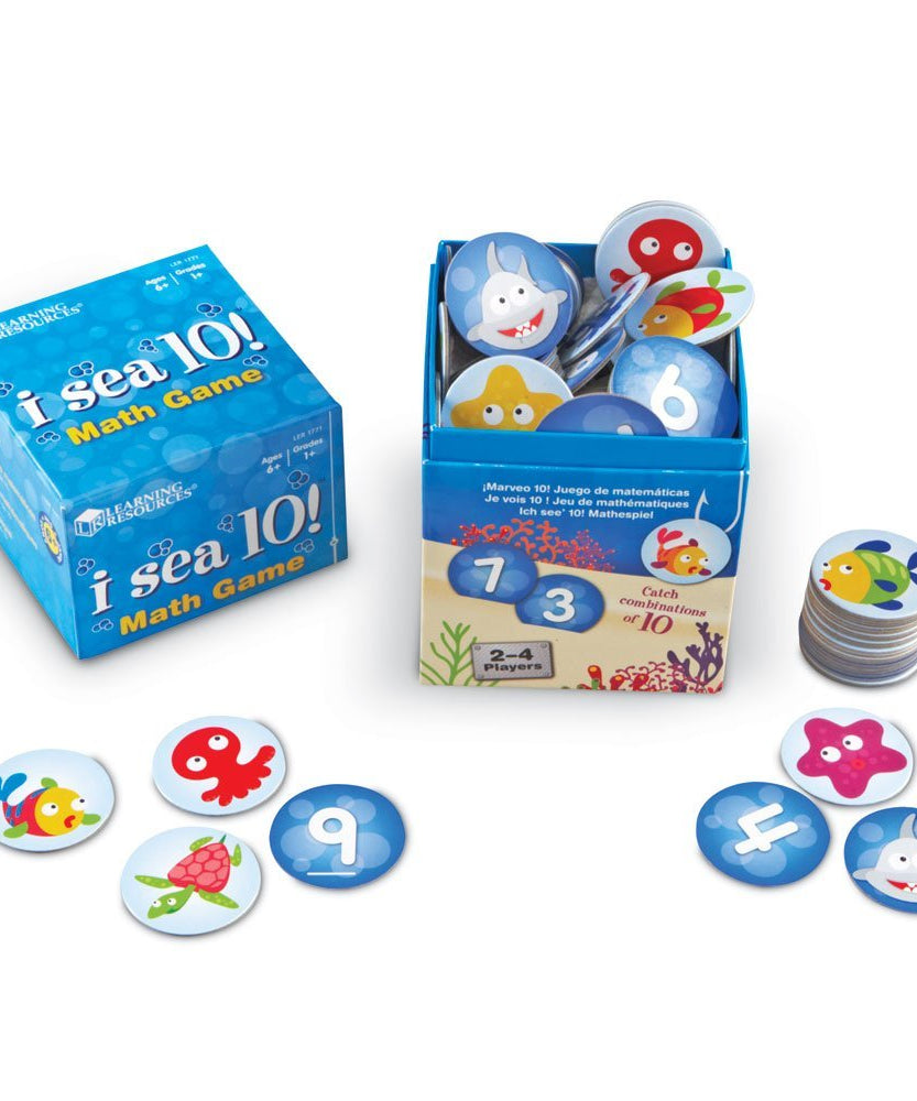 موارد التعلم: لعبة رياضيات "البحر ١٠!"، لعبة عائلية ممتعة لممارسة ربط الأعداد حتى العشرة، تتضمن ٩٠ بطاقة أرقام و١٠ بطاقات أسماك قرش، نشاط رائع لتنمية مهارات الرياضيات المبكرة، للأعمار من ٦ سنوات فما فوق، عبوة بطابع بحري