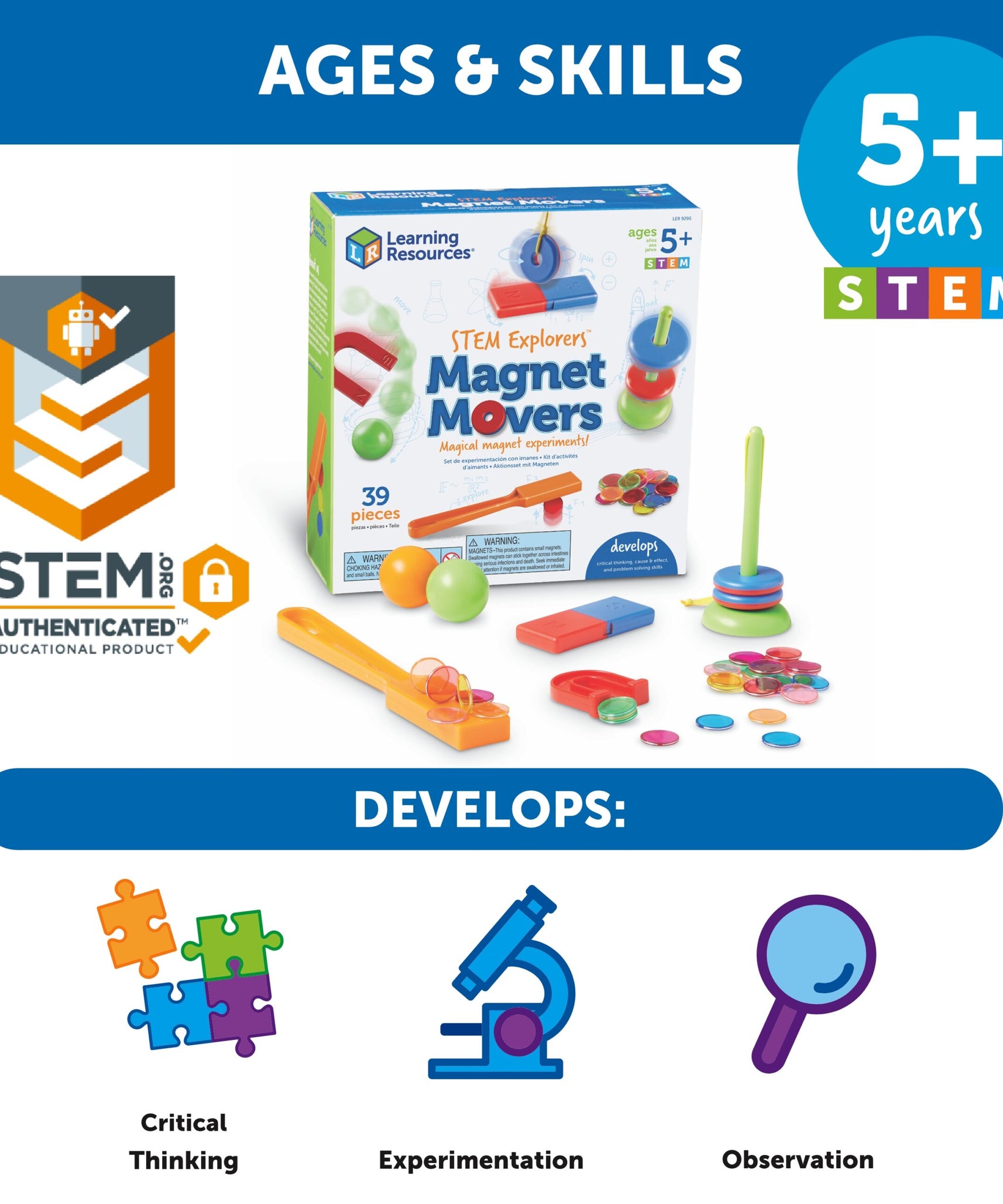 مجموعة تجارب مغناطيسية عملية من STEM Explorers Magnet Movers من Learning Resources للأطفال من سن 5 سنوات فما فوق