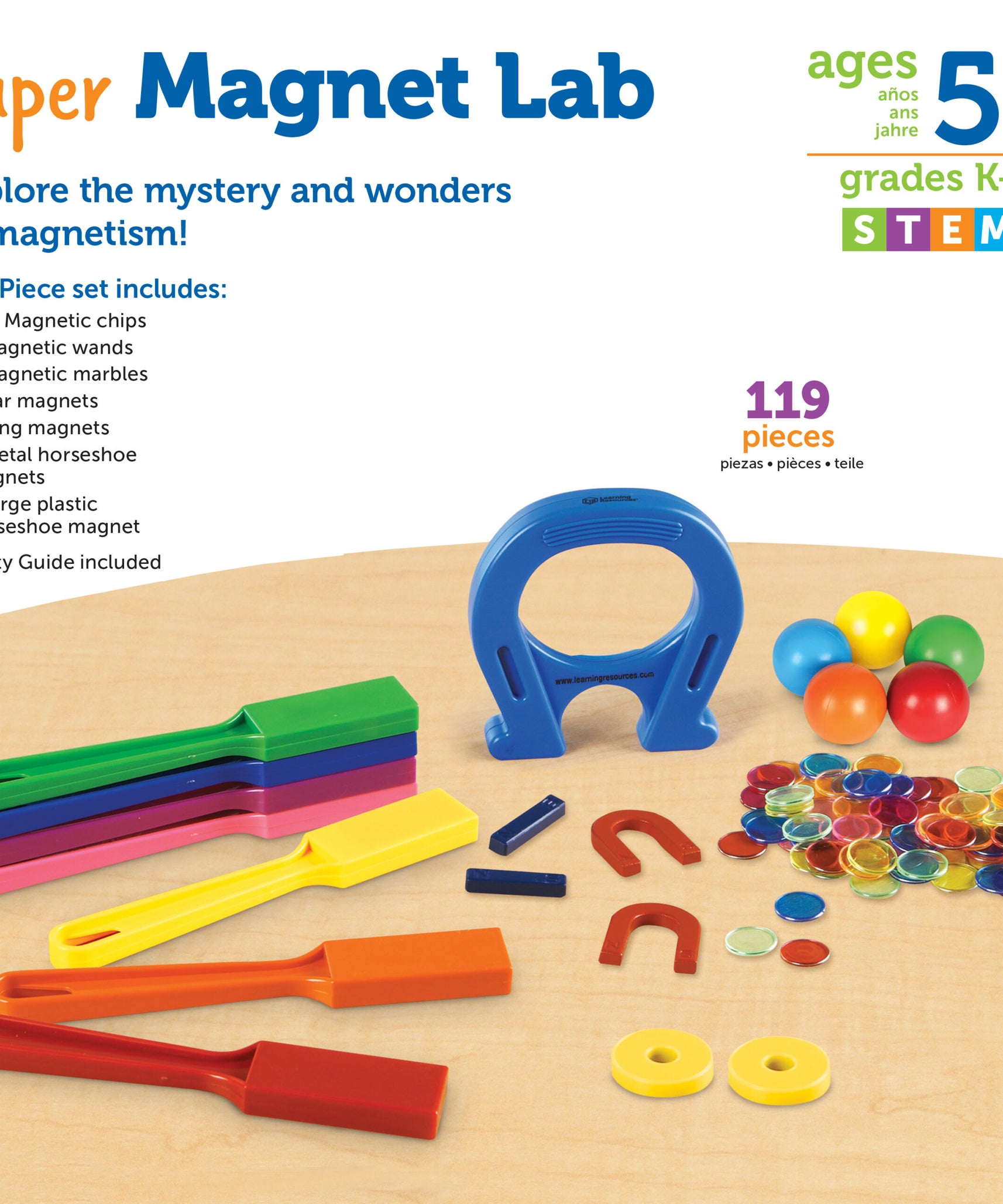 مجموعة مختبر الفصل الدراسي Super Magnet من Learning Resources، مجموعة مكونة من 224 قطعة لاستكشاف الخصائص المغناطيسية، تتضمن رقائق مغناطيسية، وكرات زجاجية، ومغناطيسات، وعصيًا، ودليل أنشطة، للأعمار من 5 سنوات فما فوق