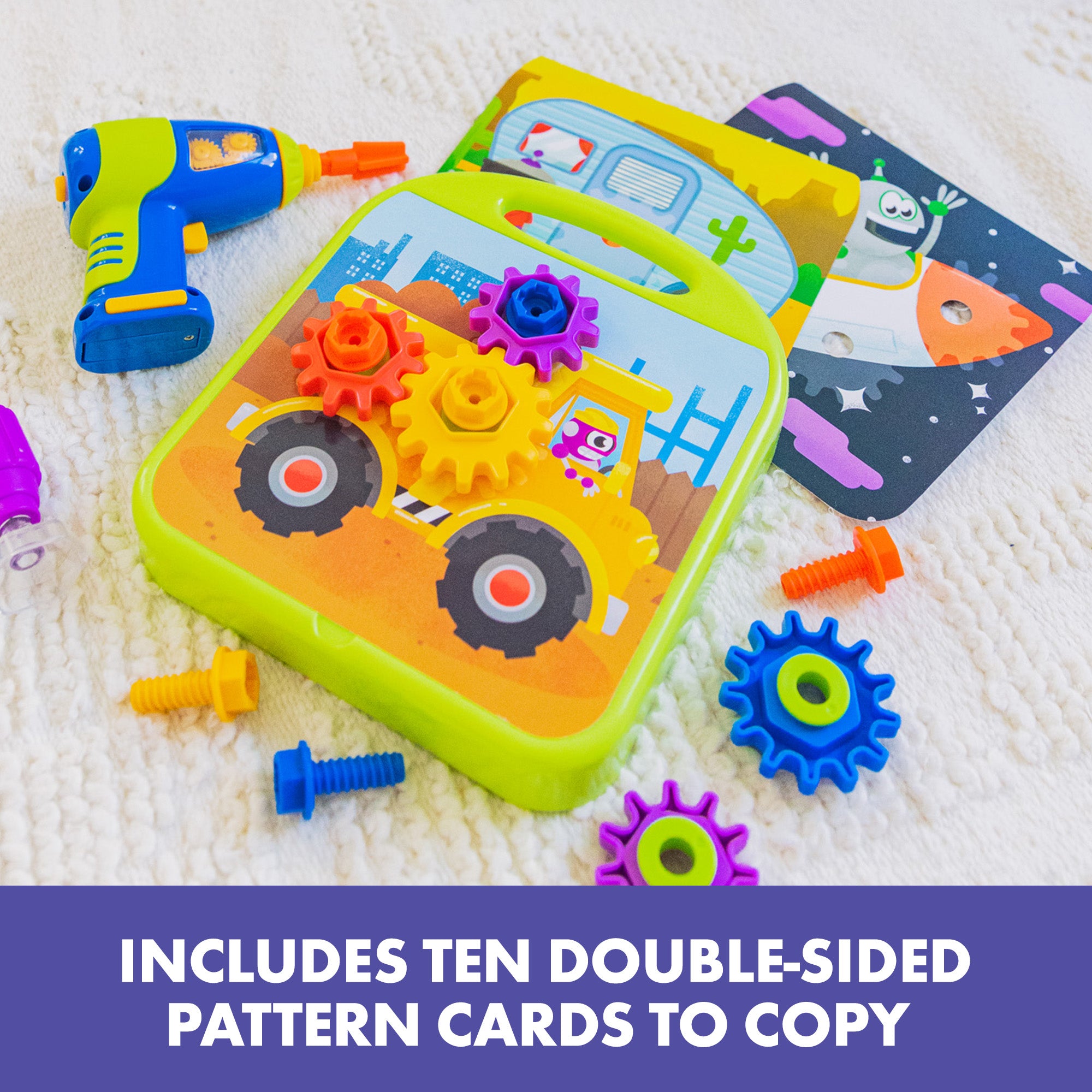 ورشة عمل تصميم وتروس الحفر من Learning Resources، لعبة بناء STEM مع مثقاب كهربائي، وتروس، ومسامير، ولوحة أنشطة، تُنمي المهارات الحركية الدقيقة والمفاهيم الهندسية المبكرة، للأعمار من 3 سنوات فما فوق