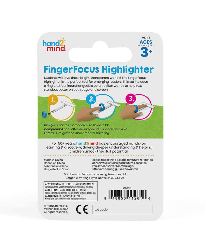 Learning Resources FingerFocus Highlighter, Wearable Reading Aid for Kids, Helps Improve Focus & Tracking, Includes 4 Interchangeable Colored Wands