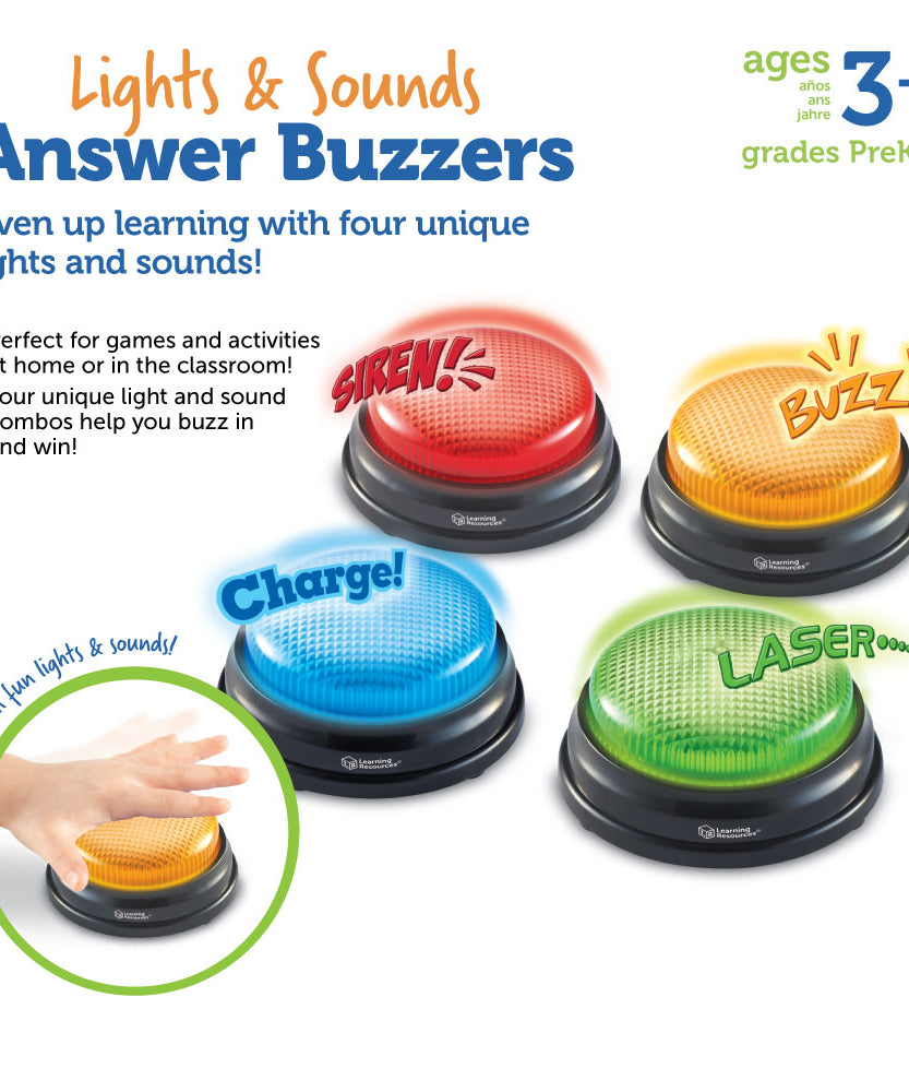 مصادر التعلم - أجهزة إنذار للإجابة مزودة بأضواء وأصوات (مجموعة من 4)، أجهزة إنذار مضيئة على طراز عروض الألعاب مع 4 أصوات مميزة للفصول الدراسية والألعاب العامة والمرح العائلي (للأعمار من 3 سنوات فما فوق)