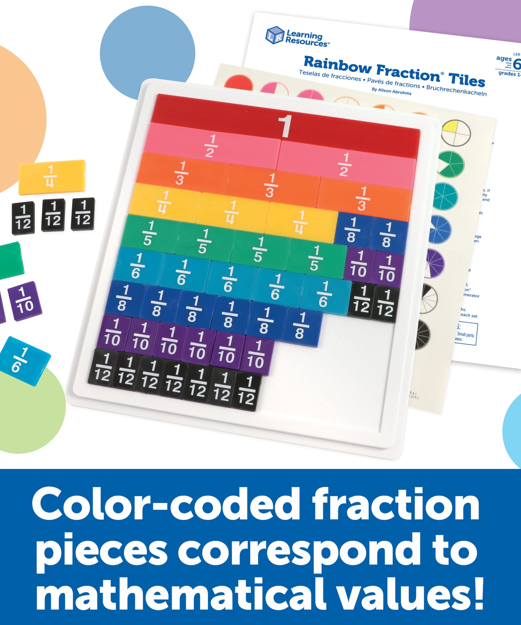 مجموعة بلاط الكسور قوس قزح من Learning Resources مع صينية، مكونة من 51 قطعة مُرمَّزة بالألوان، أداة تعليمية مرئية وعملية للكسور، تتضمن دليل أنشطة وصينية تخزين