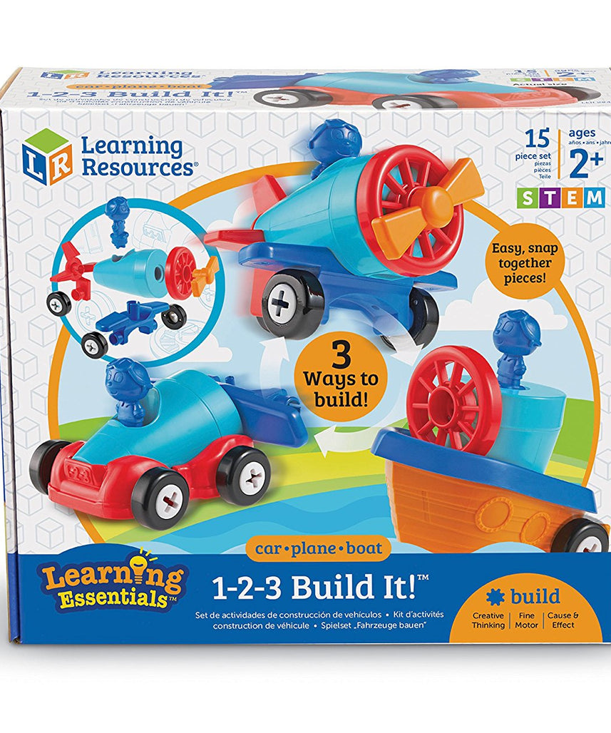 موارد التعلم 1-2-3 Build It سيارة طائرة قارب، لعبة بناء مركبة 3 في 1 للأطفال الصغار، مهارات حركية دقيقة ولعب هندسي مبكر، للأعمار من سنتين فما فوق