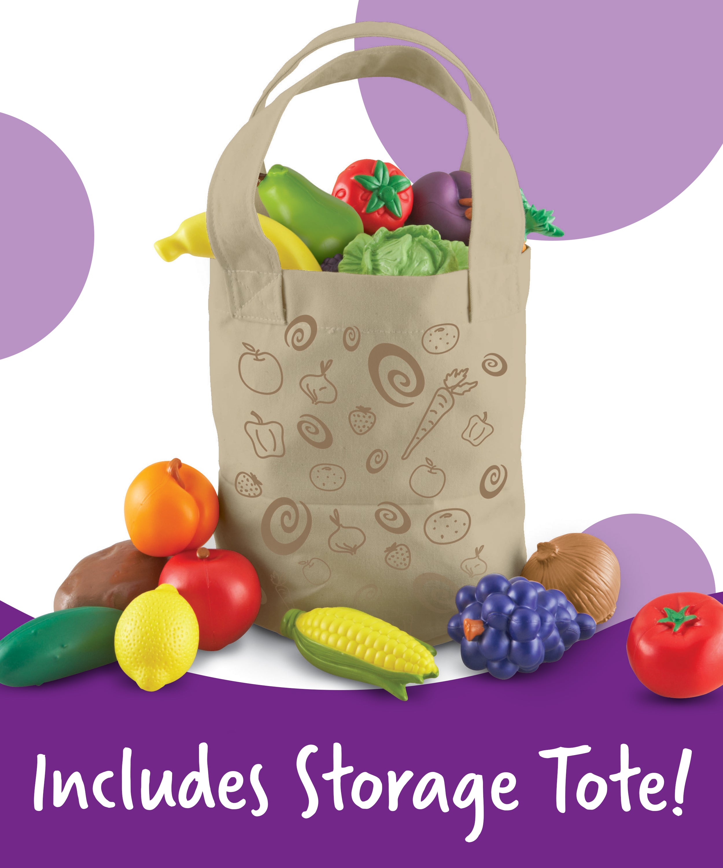 Learning Resources New Sprouts Fruit and Veg Tote, 20 Piece Pretend Food Set for Toddlers, Soft Touch Play Food for Role Play and Healthy Eating, Ages 2+