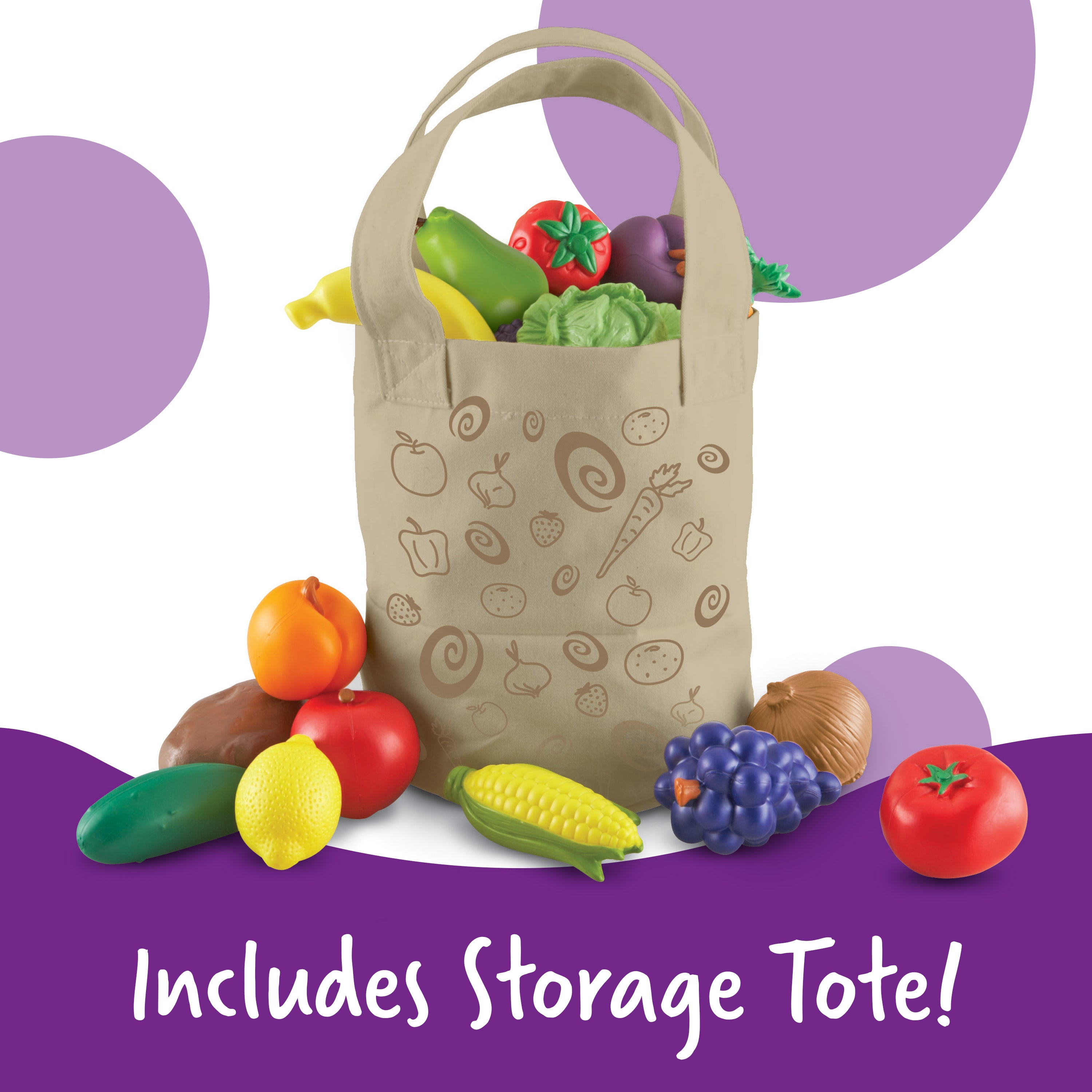 Learning Resources New Sprouts Fruit and Veg Tote, 20 Piece Pretend Food Set for Toddlers, Soft Touch Play Food for Role Play and Healthy Eating, Ages 2+