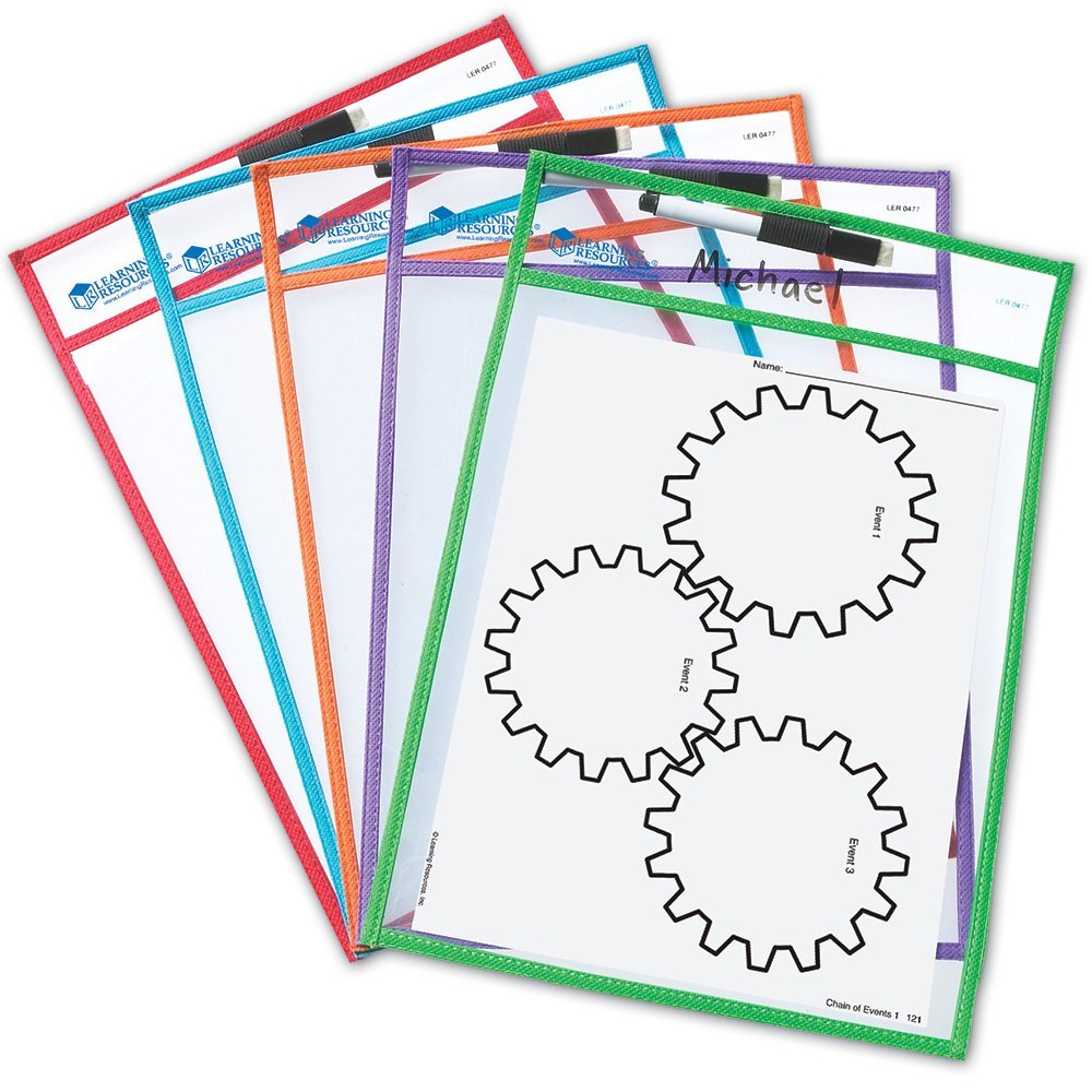 Learning Resources Write & Wipe Pockets (Set of 5), Reusable Clear Dry-Erase Pockets, Includes 5 Dry-Erase Markers with Erasers, Environmentally Friendly, Holds Up to A4 Paper, Multi-Color Set, Ideal for Ages 3+
