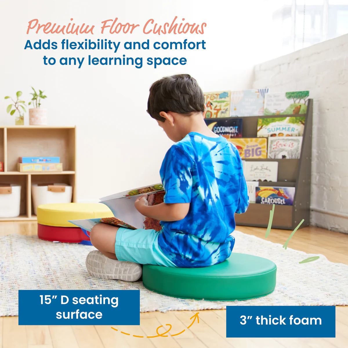 SoftScape Round Floor Cushions 15 Inch 6 Piece Set, Kids Flexible Seating with Handles and Non Slip Base, Foam Classroom and Playroom Floor Pillows, Ages 2+