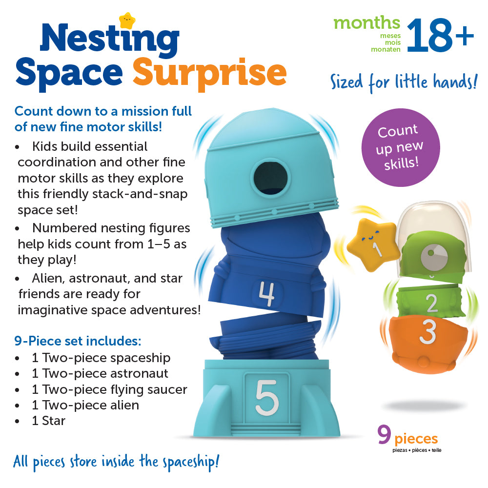 مجموعة ألعاب Nesting Space Surprise من Learning Resources، وهي مجموعة ألعاب Nesting مرقمة مع صاروخ ورائد فضاء والمزيد، وهي لعبة لتطوير المهارات الحركية الدقيقة والعد للأطفال الصغار من سن 18 شهرًا فما فوق