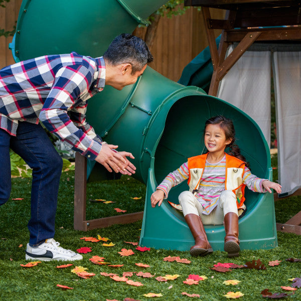 KidKraft Ranger Retreat Wooden Swing Set with Tent, Tube Slide and 3 Swings, Outdoor Playset for Kids Ages 3 to 10, Rock Wall Climbing, Crow’s Nest and Acrobar, Durable Wood Construction