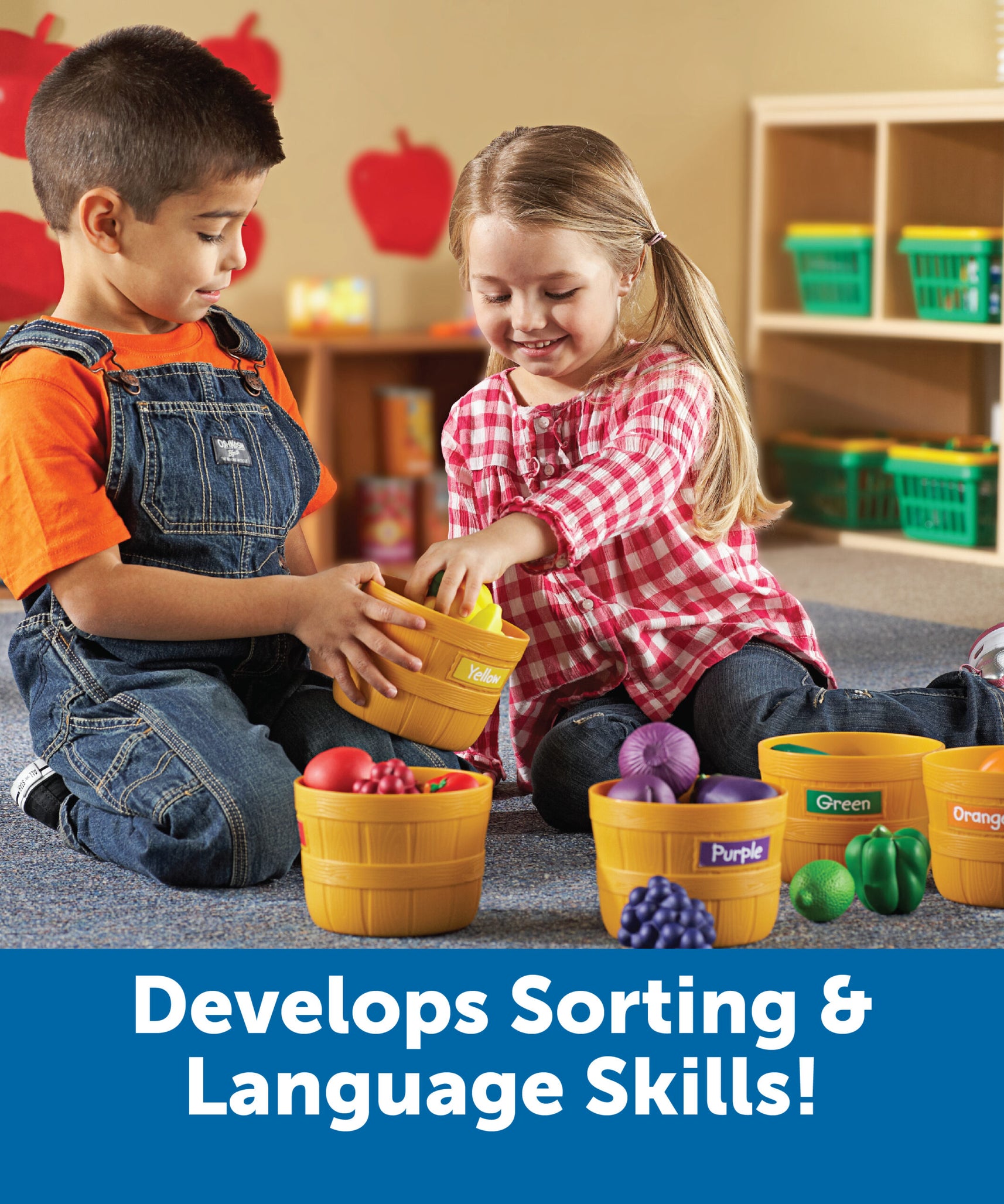 Learning Resources Farmer's Market Food Sorting Set, 25-Piece Toy Fruit & Vegetable Set for Role Play, Sorting, and Colour Recognition, Ideal for Kids Aged 3+