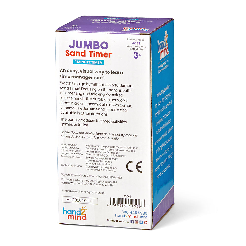 ساعة رملية جامبو من Learning Resources، مؤقت مرئي لمدة دقيقة واحدة للأطفال، مؤقت ساعة رملية متين لإدارة الوقت والأنشطة الصفية، للأعمار من 3 سنوات فما فوق