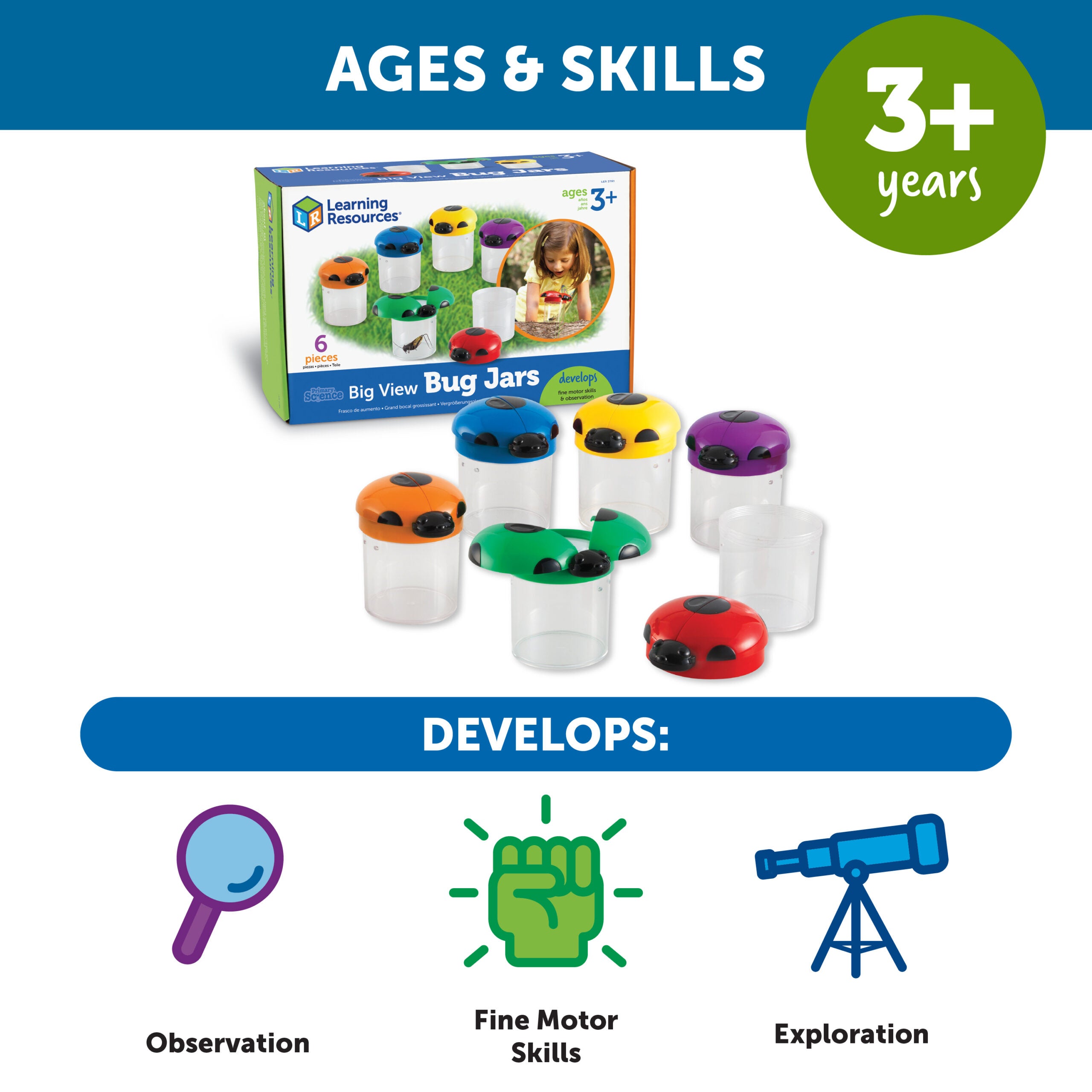 موارد التعلم - مرطبانات جامبو للحشرات (صندوق من 6)، مرطبانات مراقبة مكبرة مع فتحات تهوية لاستكشاف العلوم العملي، للأعمار من 3 سنوات فما فوق