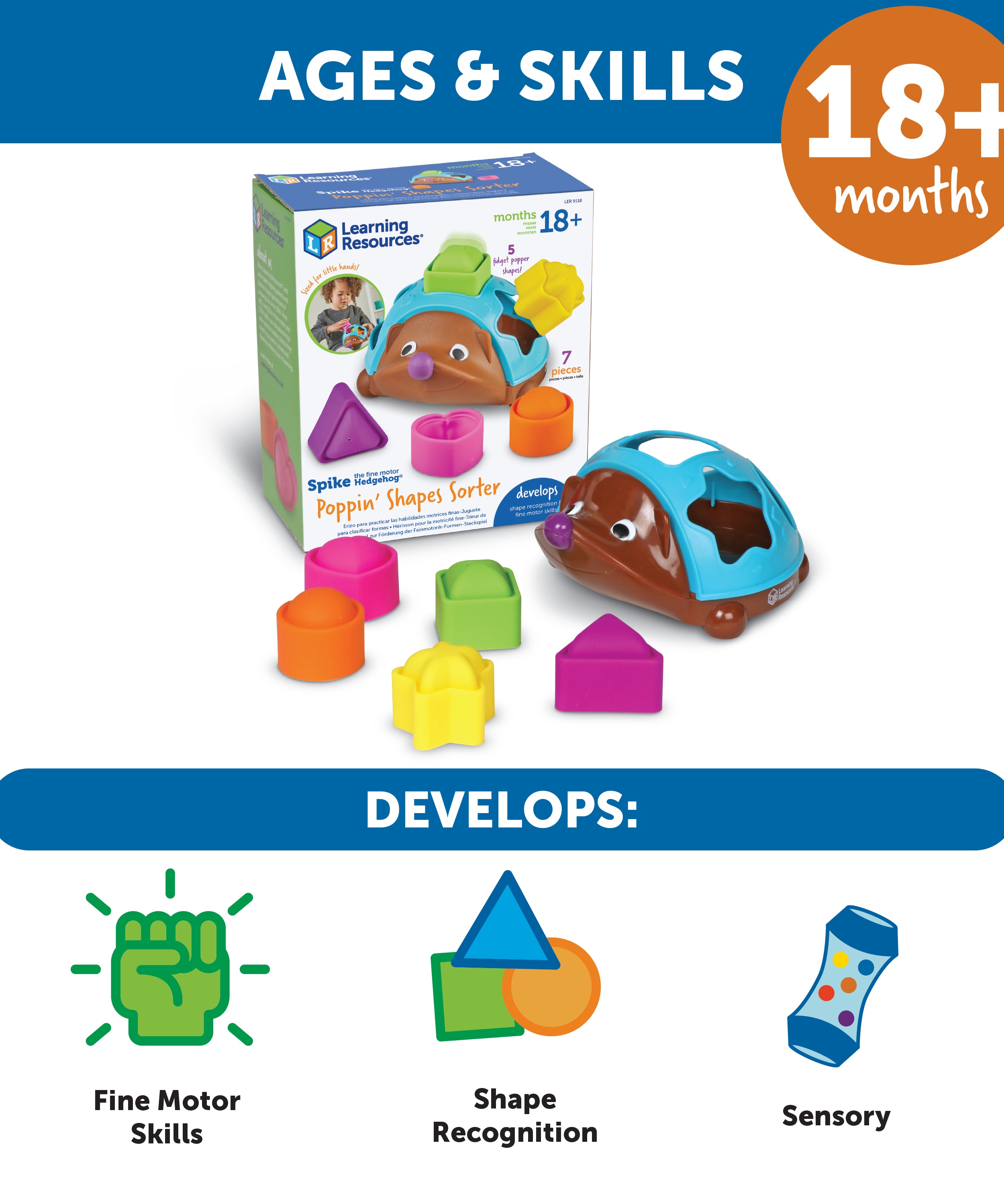 Learning Resources Spike The Fine Motor Hedgehog Poppinâ Shapes Sorter, 7-Piece Shape Sorting & Fidget Toy for Toddlers, Develops Fine Motor, Colour & Sensory Skills, Ages 18 Months+