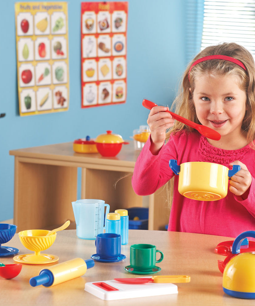 Learning Resources Kitchen Set, 70+ Piece Pretend Play Cooking Set, Durable Plastic Toy Pots, Pans, Utensils & More, Ideal for Imaginative Play & Small Group Activities, Ages 3+