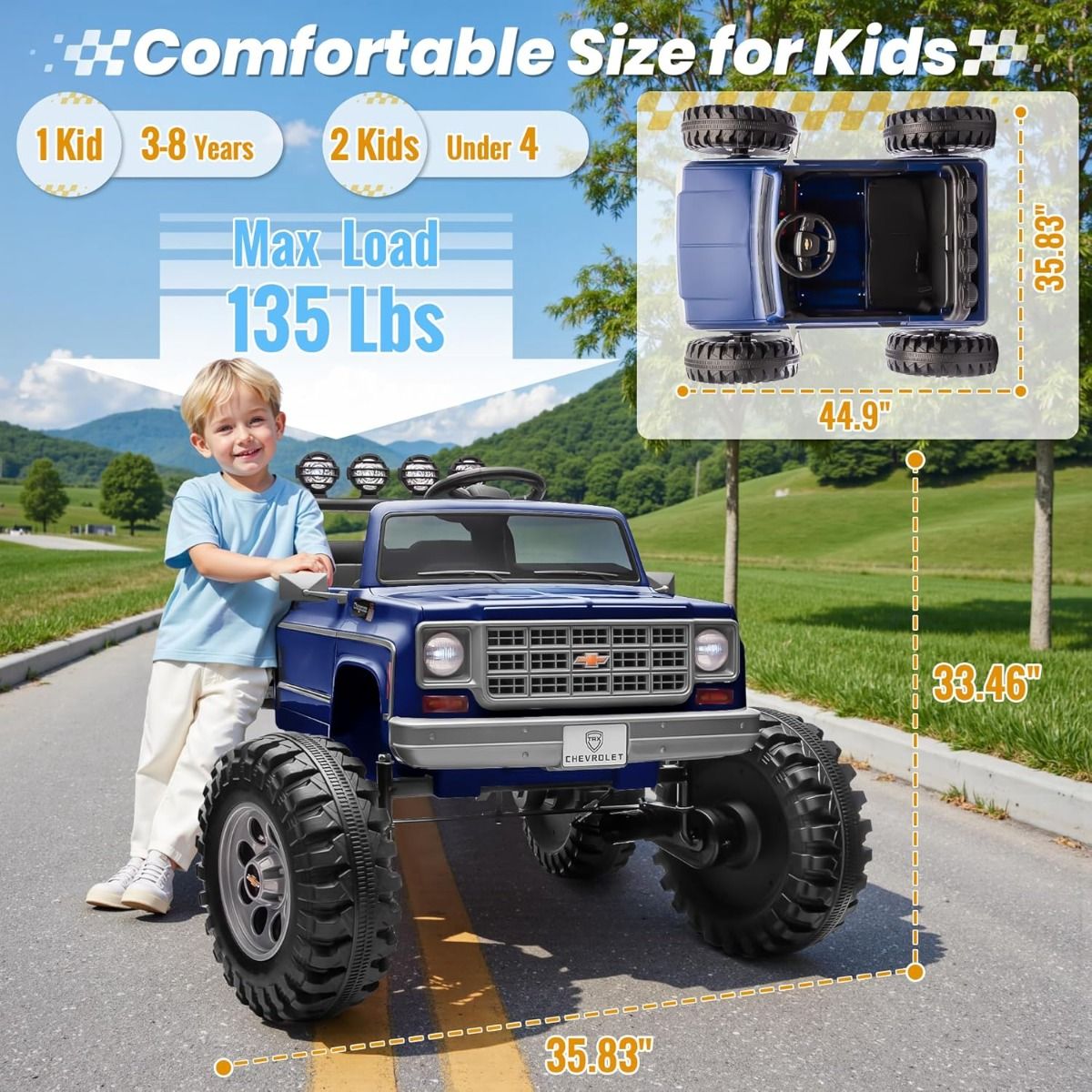 Chevrolet Cheyenne 24V 4 Motor Ride-On Pickup Truck for Kids, 3+ Years, 2 Seater, Parental Remote, LED Lights, Music Player, Storage Basket