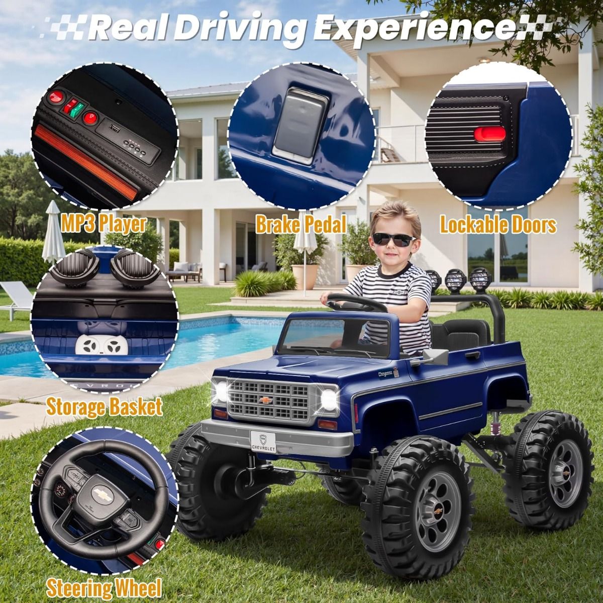 Chevrolet Cheyenne 24V 4 Motor Ride-On Pickup Truck for Kids, 3+ Years, 2 Seater, Parental Remote, LED Lights, Music Player, Storage Basket