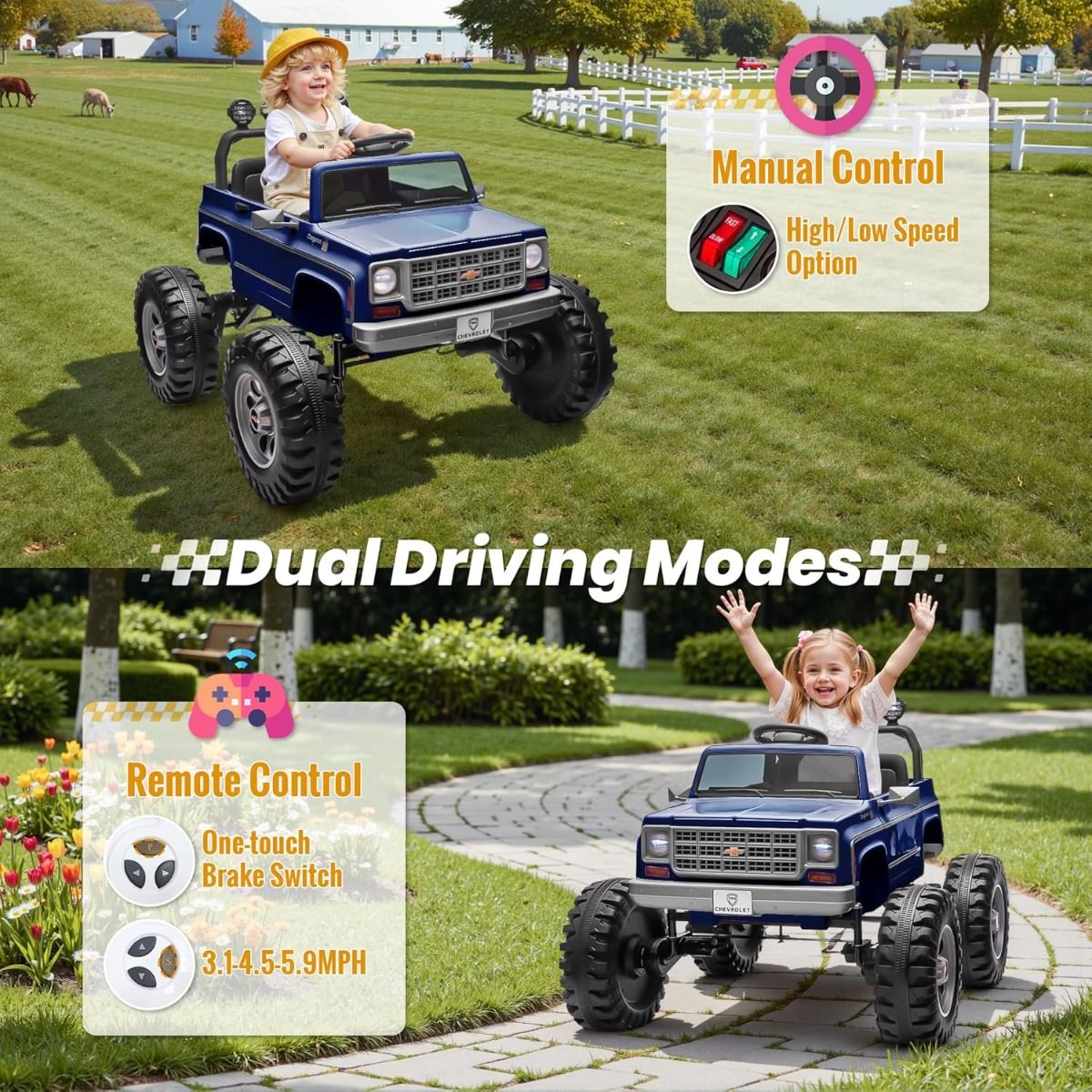 Chevrolet Cheyenne 24V 4 Motor Ride-On Pickup Truck for Kids, 3+ Years, 2 Seater, Parental Remote, LED Lights, Music Player, Storage Basket