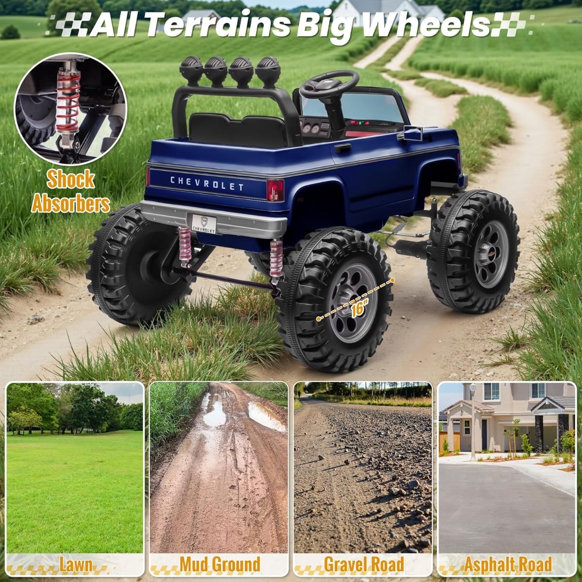 Chevrolet Cheyenne 24V 4 Motor Ride-On Pickup Truck for Kids, 3+ Years, 2 Seater, Parental Remote, LED Lights, Music Player, Storage Basket