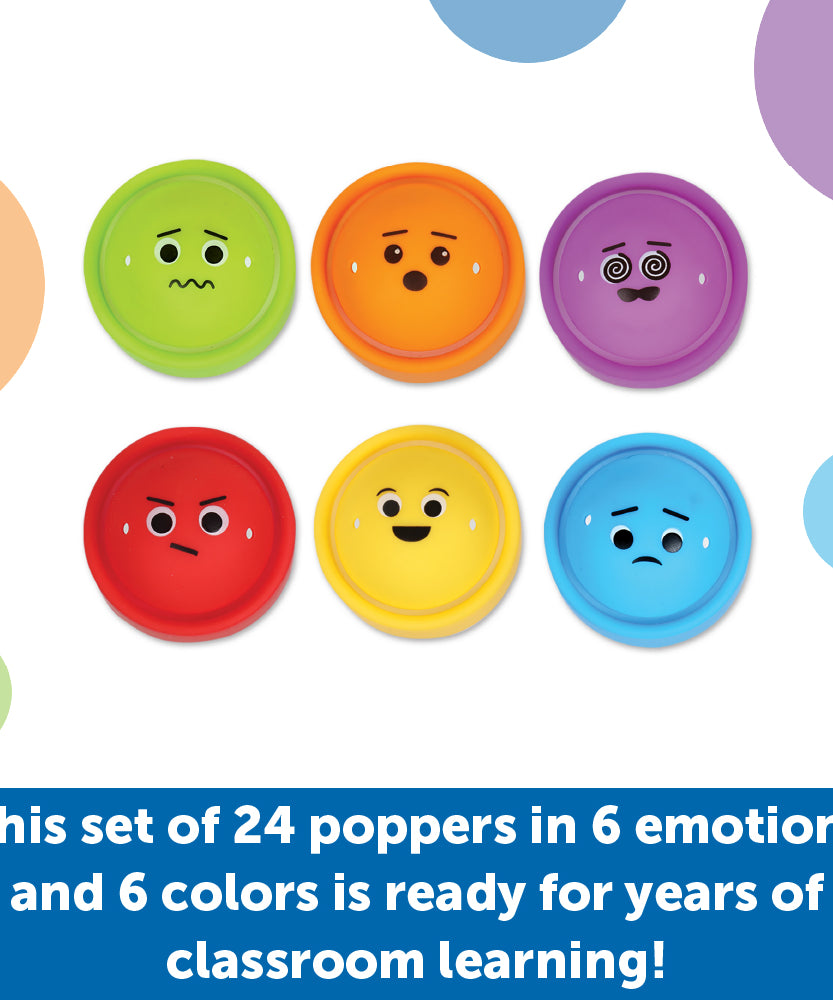مجموعة أدوات فيدجيت بوبرز من مجموعة Rainbow Emotions من Learning Resources، مكونة من 24 أداة حسية قابلة للتكديس مع وجوه تعبيرية، تتضمن وعاء تخزين، مناسبة للأعمار من 3 سنوات فما فوق