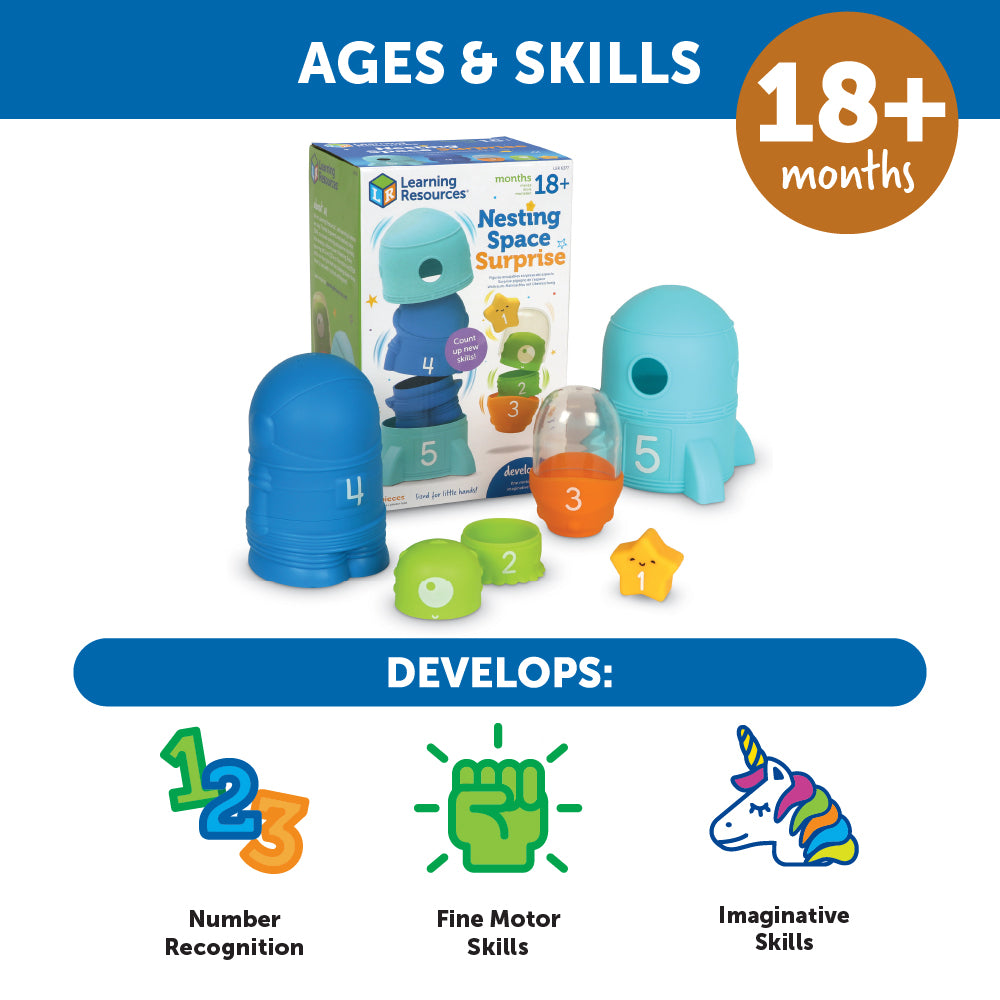 مجموعة ألعاب Nesting Space Surprise من Learning Resources، وهي مجموعة ألعاب Nesting مرقمة مع صاروخ ورائد فضاء والمزيد، وهي لعبة لتطوير المهارات الحركية الدقيقة والعد للأطفال الصغار من سن 18 شهرًا فما فوق