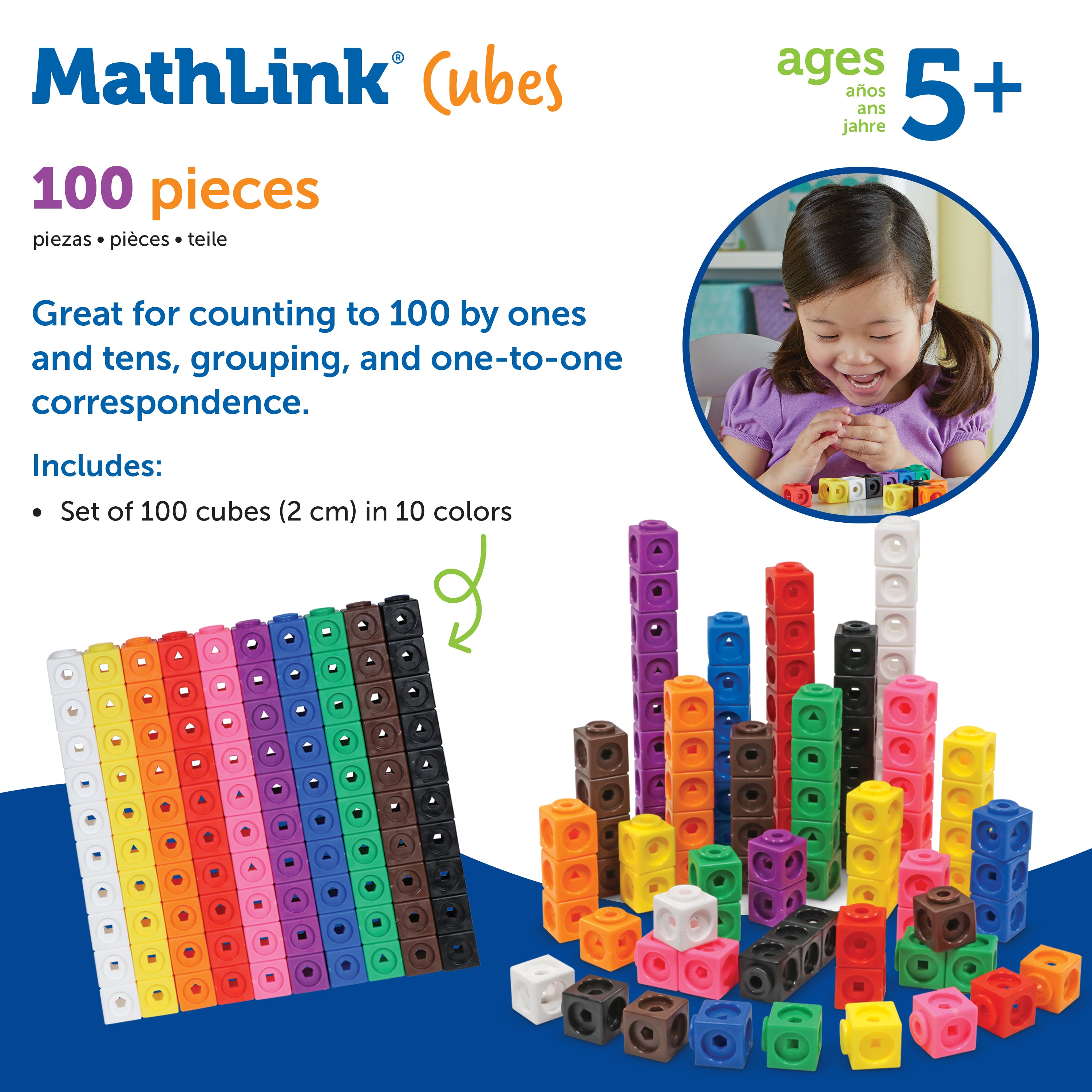 مكعبات MathLink من Learning Resources، مجموعة من 100 مكعب، مناسبة للأعمار من 5 سنوات فما فوق، لتعلم الرياضيات في مجالات STEM والعد والفرز والأنماط