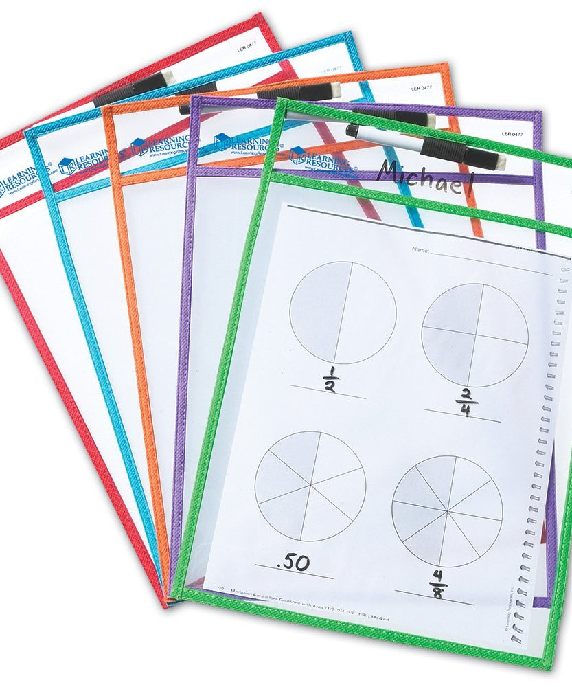 Learning Resources Write & Wipe Pockets (Set of 5), Reusable Clear Dry-Erase Pockets, Includes 5 Dry-Erase Markers with Erasers, Environmentally Friendly, Holds Up to A4 Paper, Multi-Color Set, Ideal for Ages 3+