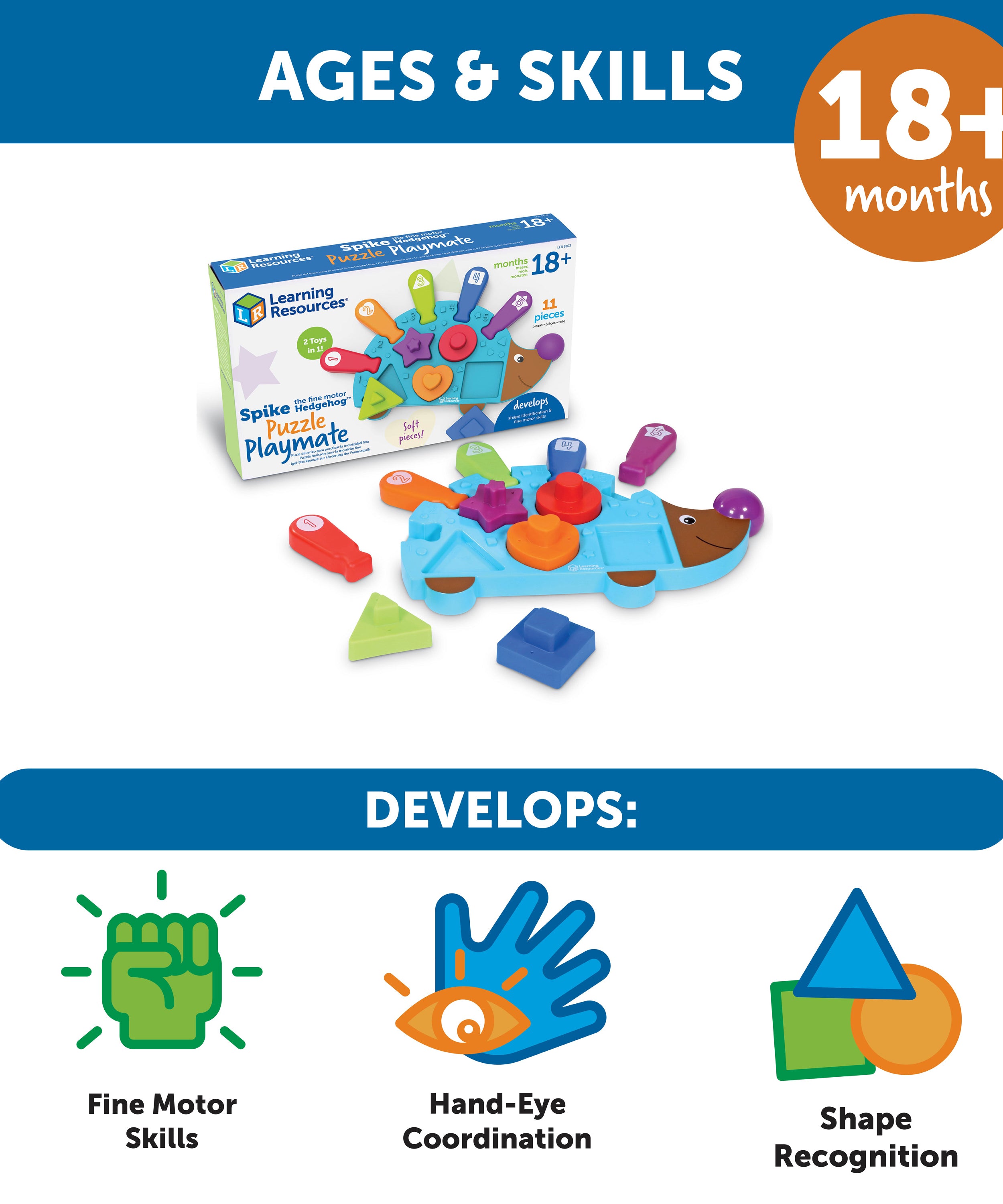 موارد التعلم سبايك القنفذ ذو المهارات الحركية الدقيقة (LER9103)، لعبة فرز الأشكال والألغاز 2 في 1، لعبة تنمية المهارات الحركية الدقيقة للأطفال الصغار، من سن 18 شهرًا فما فوق