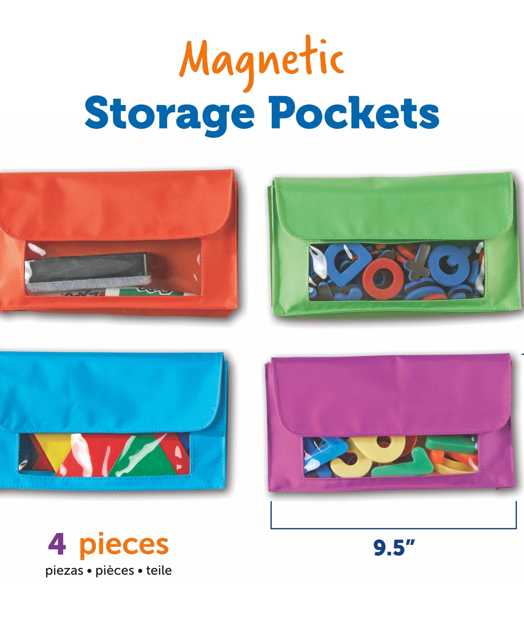 Learning Resources Magnetic Storage Pockets (Set of 4), Easy-to-Use Classroom Organizer, Attaches to Magnetic Surfaces, Holds Up to 350g, Clear Plastic Window for Easy Identification, Multi-Color Set