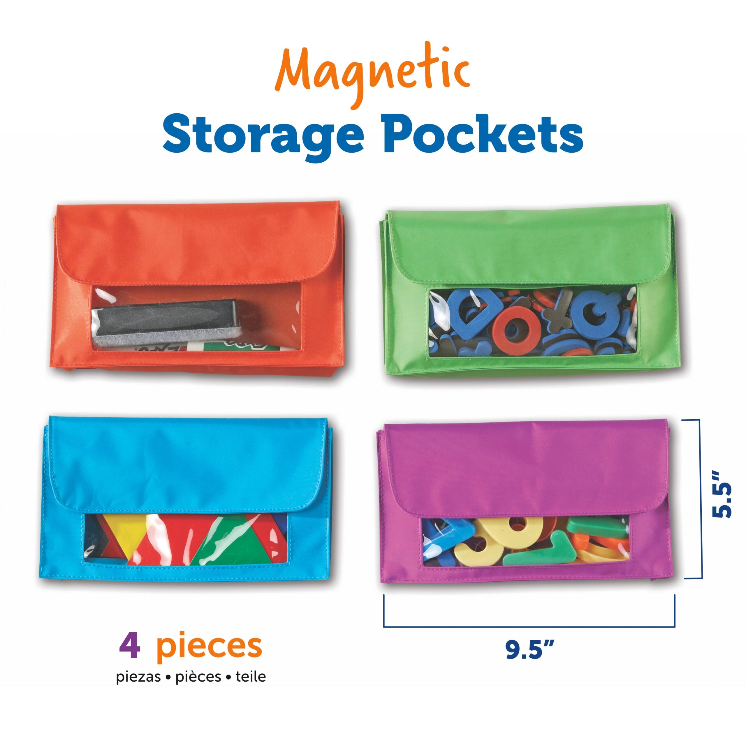 Learning Resources Magnetic Storage Pockets (Set of 4), Easy-to-Use Classroom Organizer, Attaches to Magnetic Surfaces, Holds Up to 350g, Clear Plastic Window for Easy Identification, Multi-Color Set