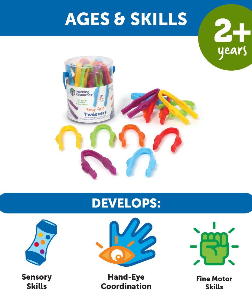 Learning Resources Easy-Grip Tweezers for Kids, Fine Motor Skill Development Tools for Preschool and Sensory Play, Set of 12 with Storage Tub, Ages 2 Plus