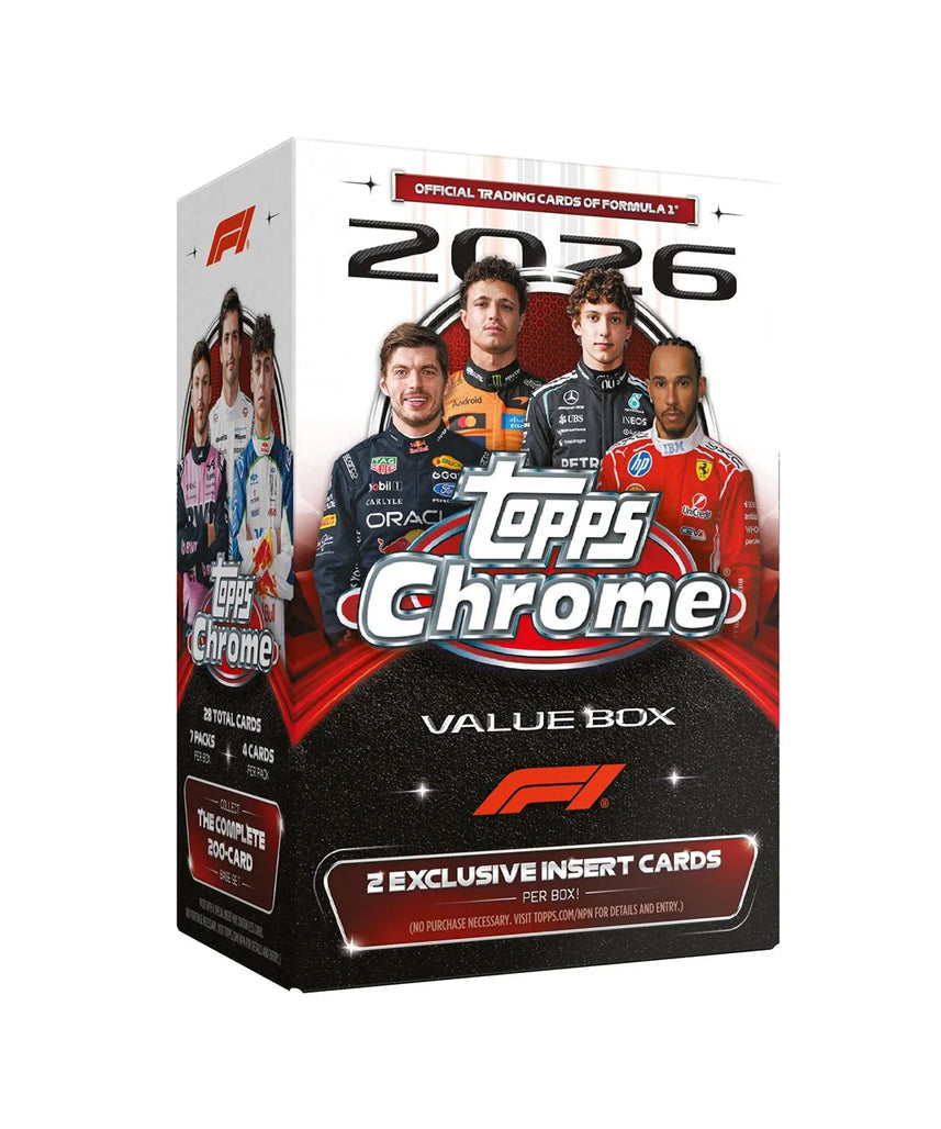 2026 Topps Chrome Formula 1 Value Box, 7 Packs, 28 Trading Cards, B&W RayWave Refractors, Exclusive Inserts and Numbered Parallels