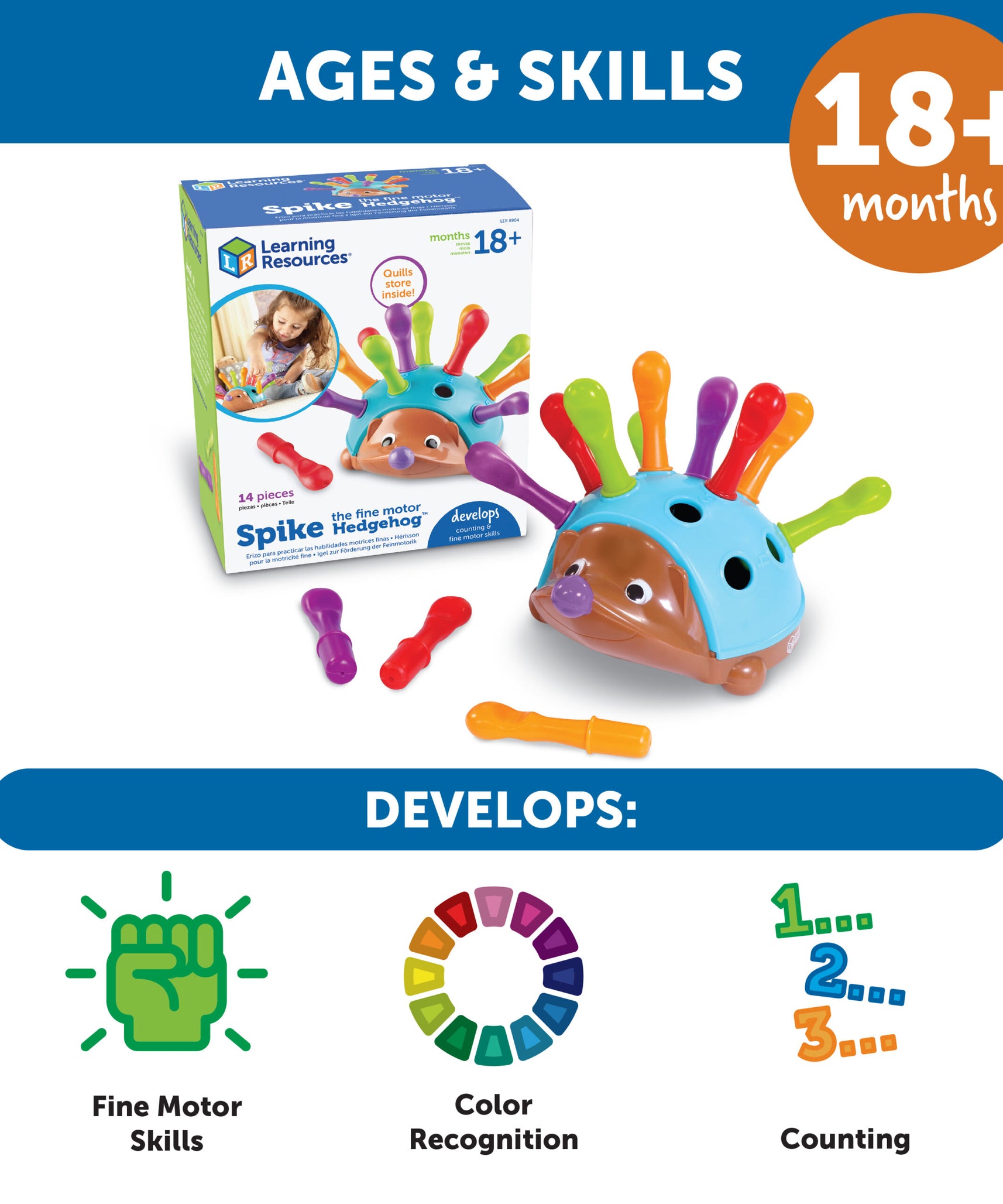 Learning Resources Spike The Fine Motor Hedgehog, Toddler Counting & Colour Matching Toy, Develops Fine Motor Skills, Includes 12 Pegs & Activity Guide, Ages 18+ Months