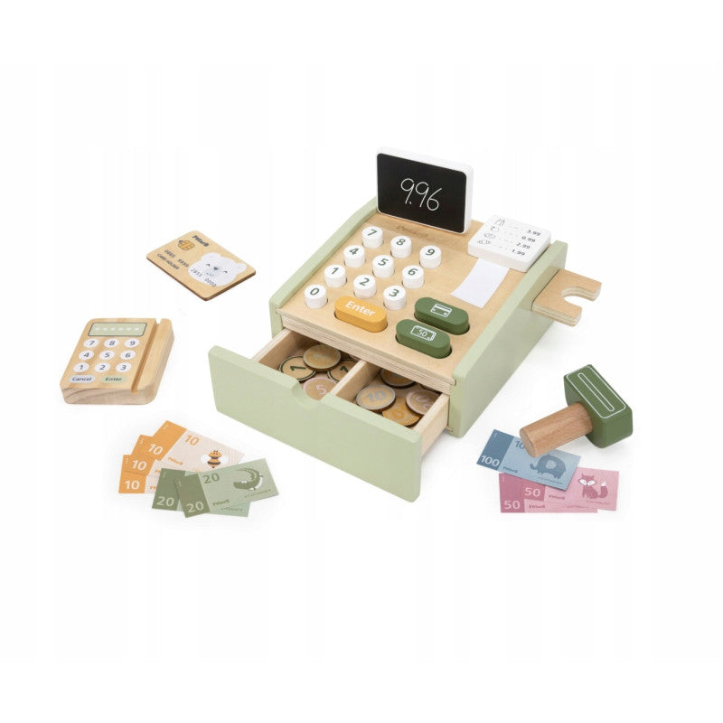 لعبة تسجيل نقدي خشبية من PolarB للأطفال، مجموعة دفع تظاهرية مع ماسح ضوئي وبطاقة ائتمان وعملات معدنية ولفة إيصال، لعبة تعليمية للعب الأدوار للأعمار من 3 سنوات فما فوق