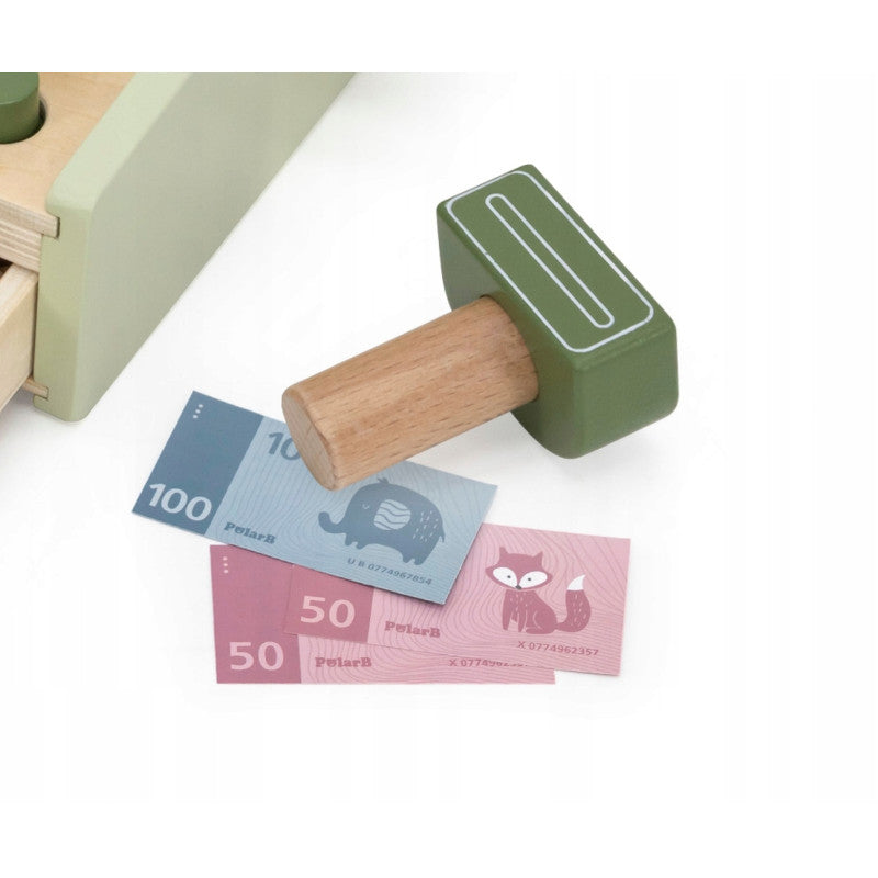 لعبة تسجيل نقدي خشبية من PolarB للأطفال، مجموعة دفع تظاهرية مع ماسح ضوئي وبطاقة ائتمان وعملات معدنية ولفة إيصال، لعبة تعليمية للعب الأدوار للأعمار من 3 سنوات فما فوق