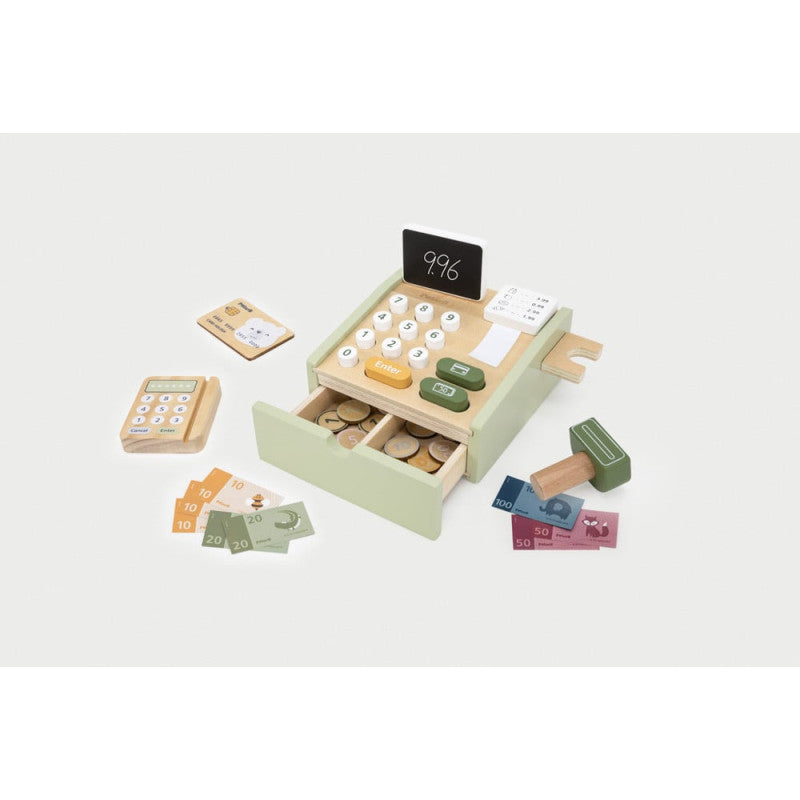لعبة تسجيل نقدي خشبية من PolarB للأطفال، مجموعة دفع تظاهرية مع ماسح ضوئي وبطاقة ائتمان وعملات معدنية ولفة إيصال، لعبة تعليمية للعب الأدوار للأعمار من 3 سنوات فما فوق
