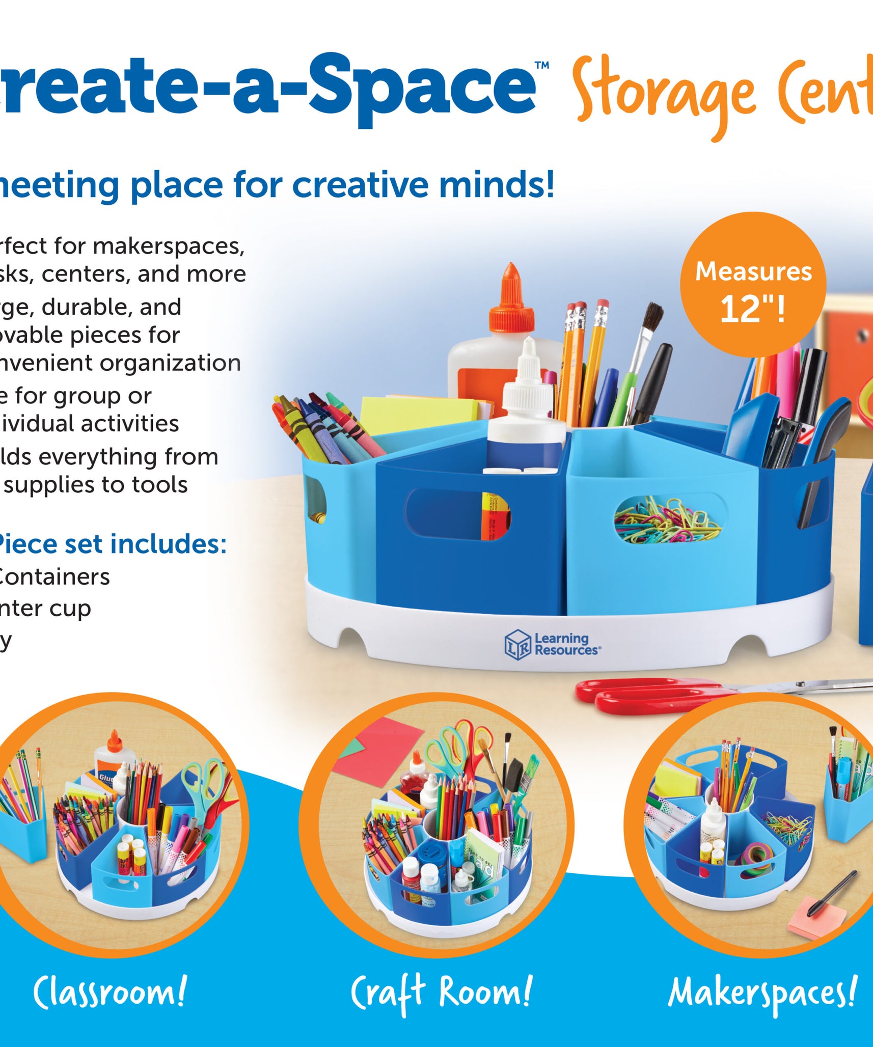 مركز تخزين Create-a-Space من Learning Resources، منظم مكتب مع 8 حاويات قابلة للإزالة، لتخزين لوازم الفصل الدراسي أو المنزل أو المكتب، صينية قطرها 30 سم، مناسب للأعمار من 3 سنوات فما فوق