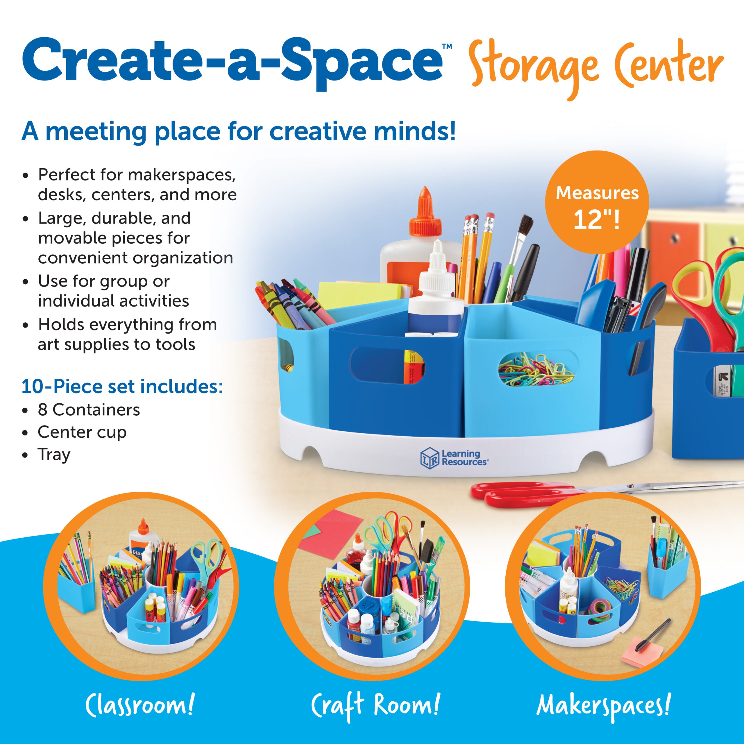 مركز تخزين Create-a-Space من Learning Resources، منظم مكتب مع 8 حاويات قابلة للإزالة، لتخزين لوازم الفصل الدراسي أو المنزل أو المكتب، صينية قطرها 30 سم، مناسب للأعمار من 3 سنوات فما فوق