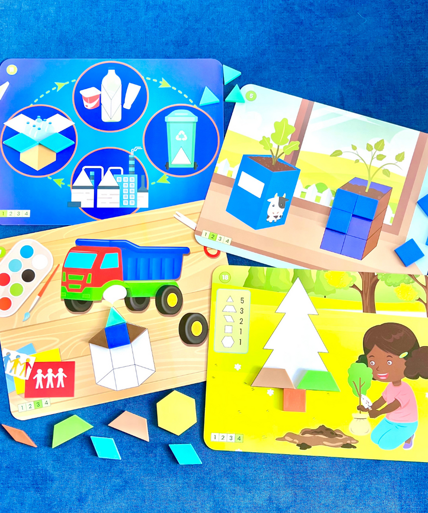 مجموعة أحجيات أنماط إعادة التدوير والمحافظة على الموارد التعليمية، 100 نمط ملون، 10 بطاقات أحجيات مزدوجة الجوانب، مصنوعة من بلاستيك معاد تدويره، لتعليم الرياضيات المبكرة والاستدامة، للأعمار من 3 سنوات فما فوق