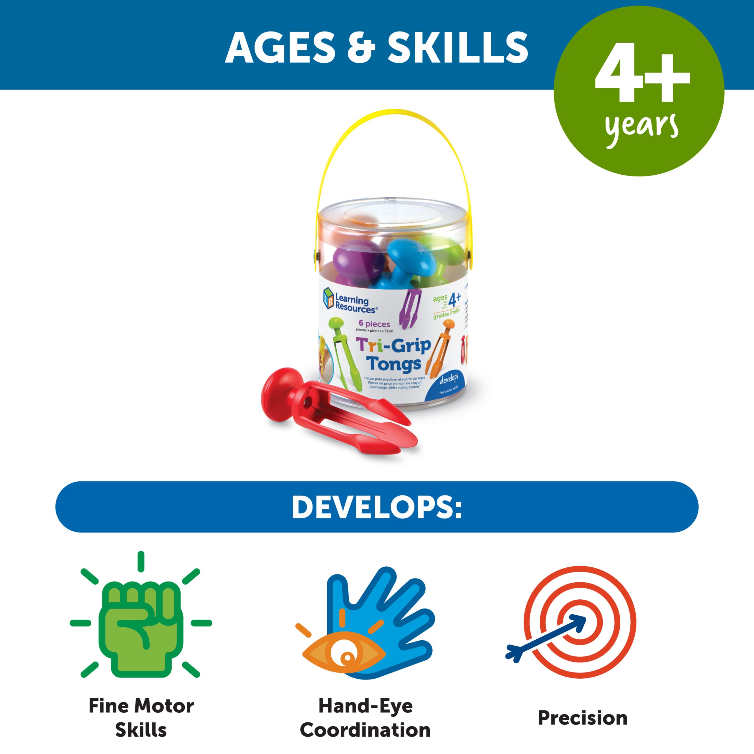 Learning Resources Tri-Grip Tongs, Set of 6, Fine Motor Skills Tool for Kids, Strengthens Pencil Grip, Includes Storage Bin, Ages 4+