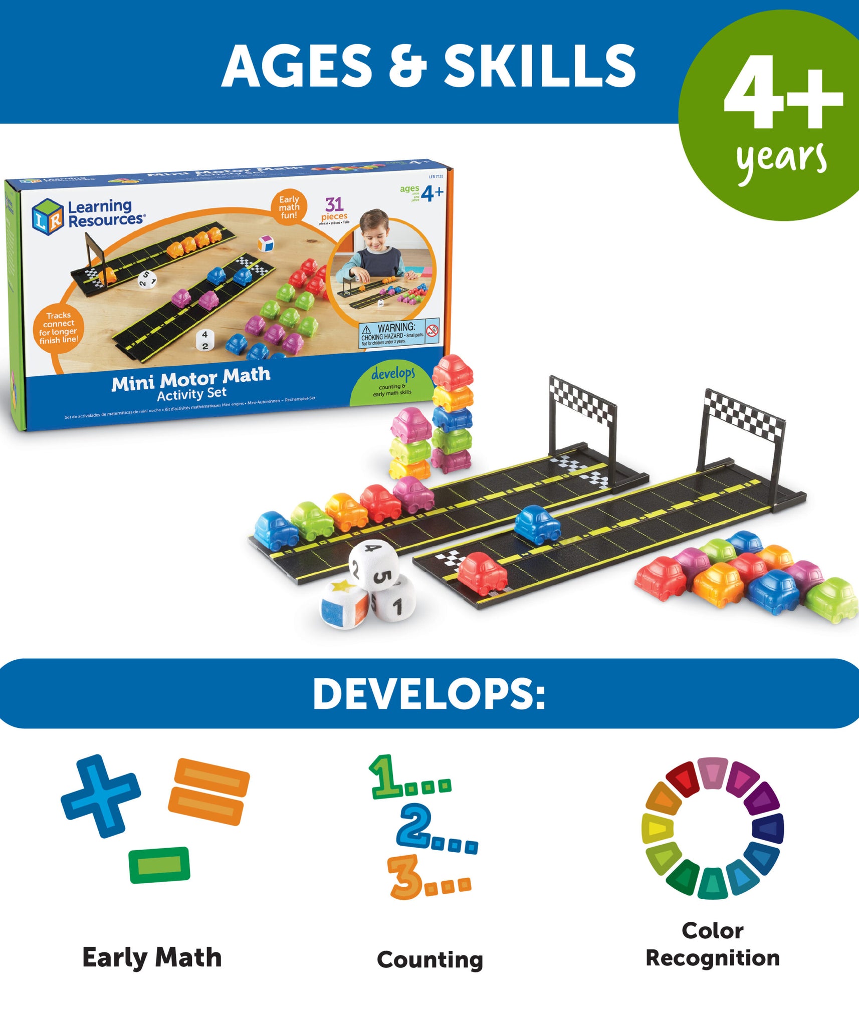 مجموعة أنشطة الرياضيات الحركية الصغيرة من Learning Resources، لعبة حسابية للأطفال في السنوات المبكرة، تتضمن عدادات سيارات ونرد وقطع مسار، مناسبة للأعمار من 4 سنوات فما فوق
