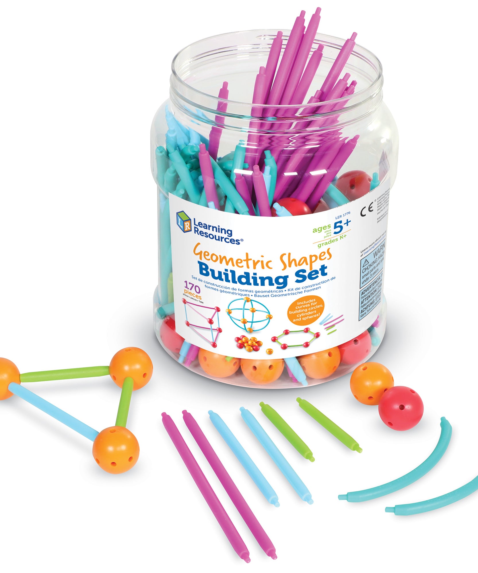 Learning Resources Geometric Shapes Building Set, 170-Piece Set for 2D & 3D Shape Construction, Soft Plastic Sticks & Connectors for Early Geometry & STEM Learning, Ages 5+