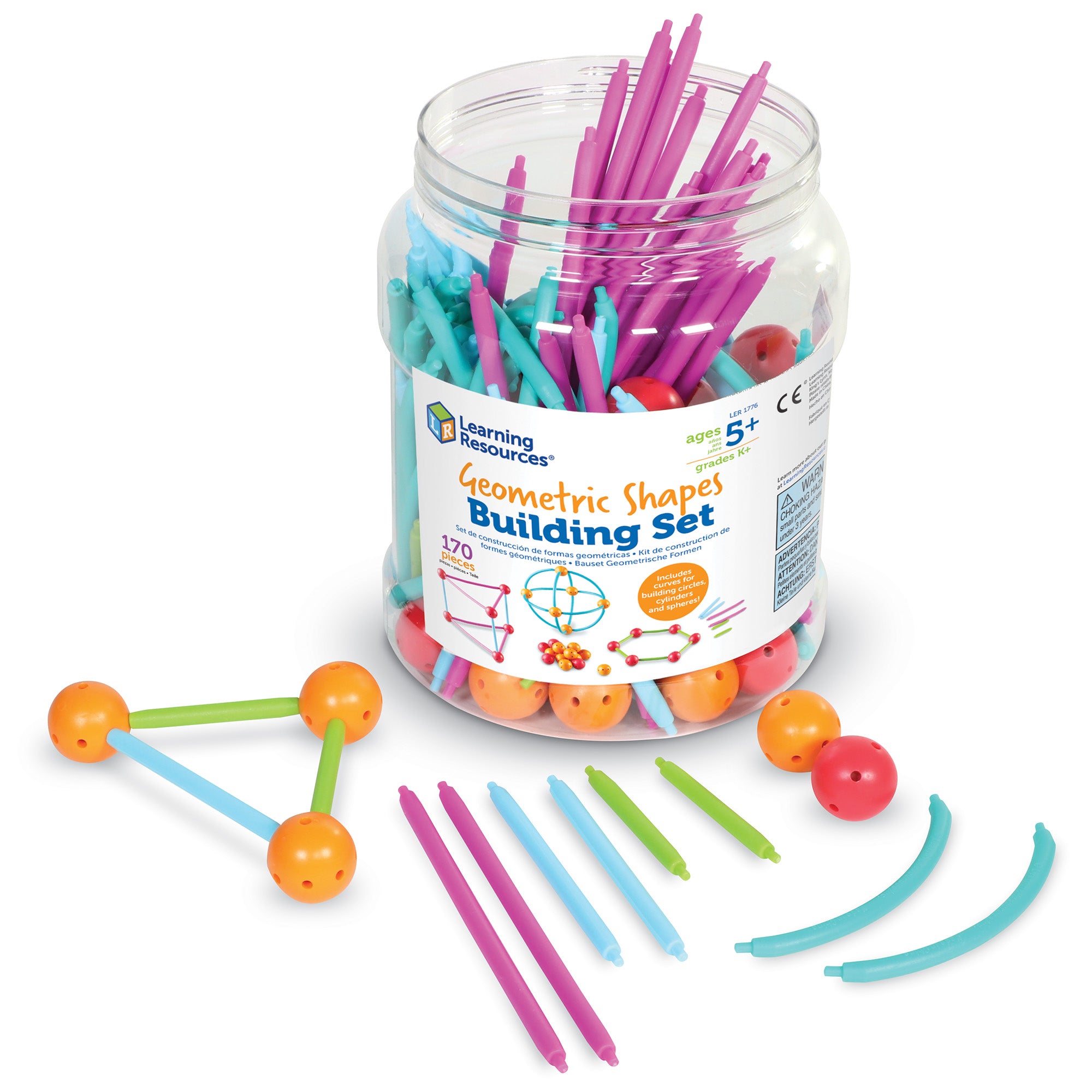 Learning Resources Geometric Shapes Building Set, 170-Piece Set for 2D & 3D Shape Construction, Soft Plastic Sticks & Connectors for Early Geometry & STEM Learning, Ages 5+