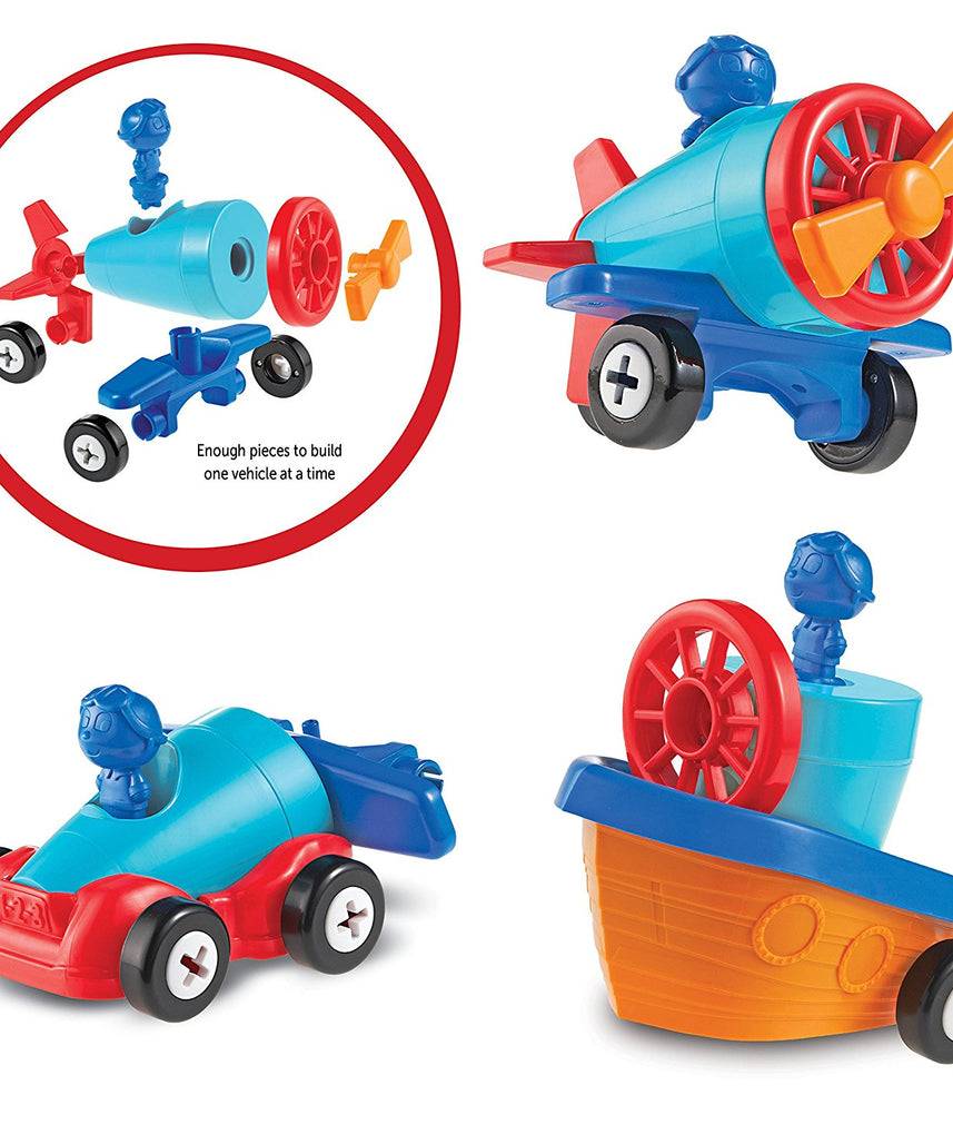 موارد التعلم 1-2-3 Build It سيارة طائرة قارب، لعبة بناء مركبة 3 في 1 للأطفال الصغار، مهارات حركية دقيقة ولعب هندسي مبكر، للأعمار من سنتين فما فوق