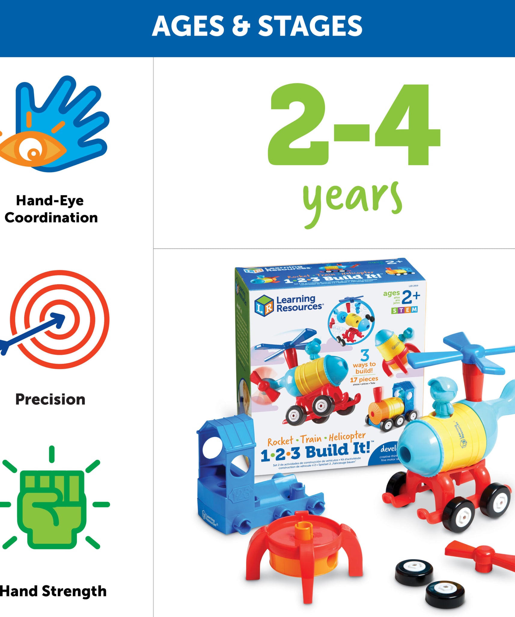 مجموعة بناء مركبة STEM 3 في 1 من Learning Resources للأطفال من عمر سنتين فما فوق: صاروخ-قطار-مروحية