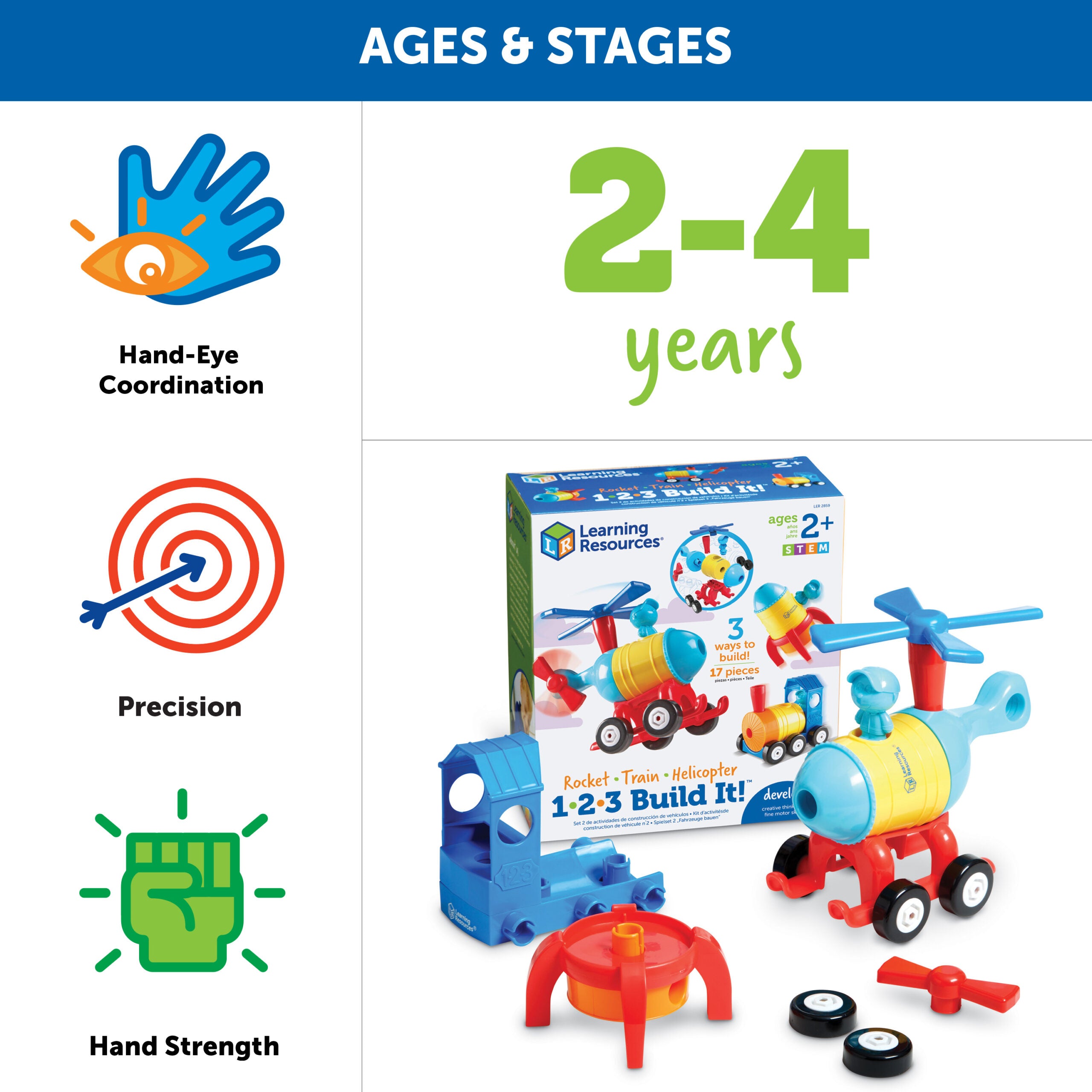 مجموعة بناء مركبة STEM 3 في 1 من Learning Resources للأطفال من عمر سنتين فما فوق: صاروخ-قطار-مروحية