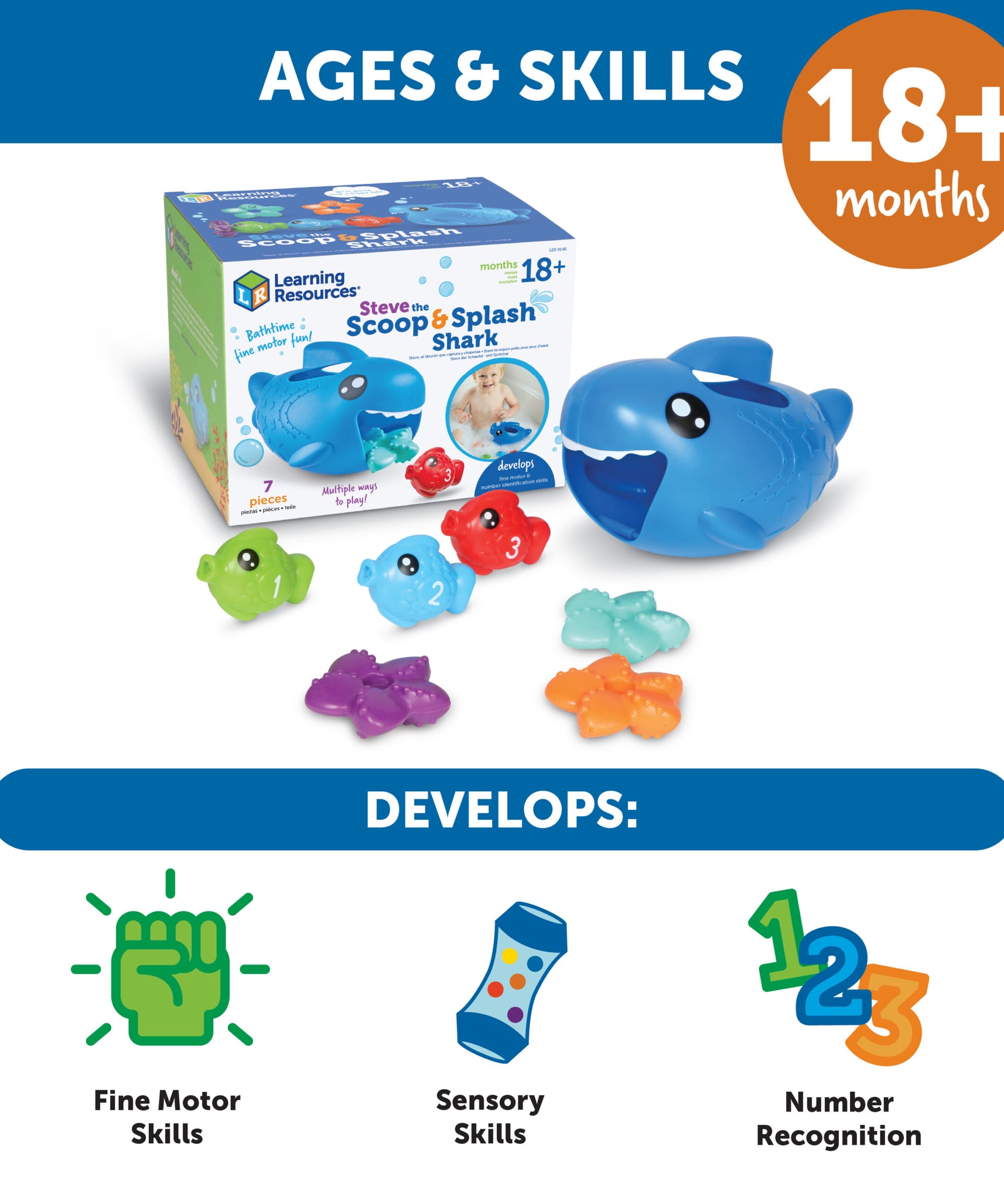 موارد التعلم ستيف القرش المغرفة والرذاذ، لعبة مائية للأطفال الصغار مع سمكة ونجم البحر، حمام، حمام سباحة، وطاولة لعب مائية، للأعمار من 18 شهرًا فما فوق