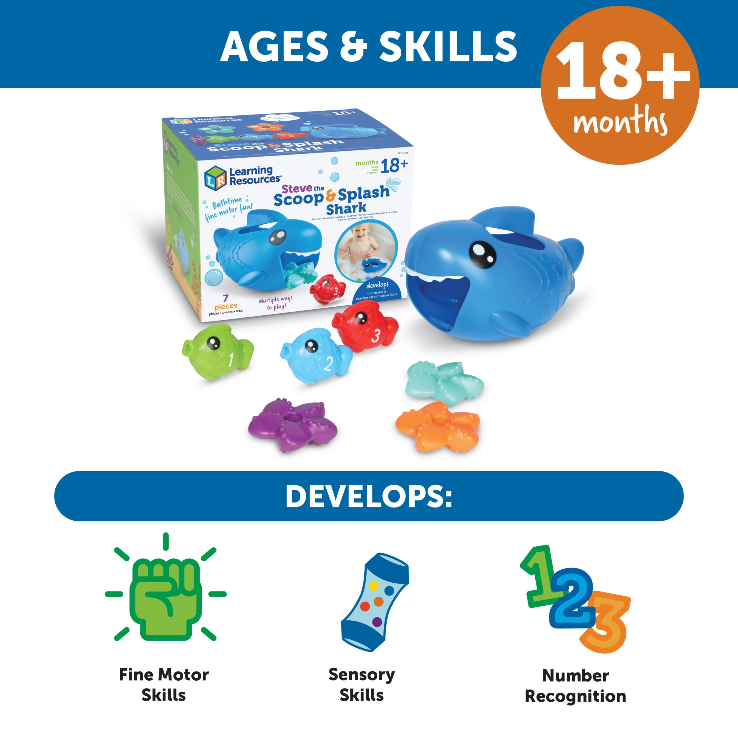 موارد التعلم ستيف القرش المغرفة والرذاذ، لعبة مائية للأطفال الصغار مع سمكة ونجم البحر، حمام، حمام سباحة، وطاولة لعب مائية، للأعمار من 18 شهرًا فما فوق