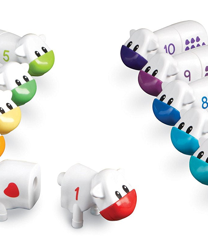 موارد التعلم Snap-n-Learn، لعبة عد الأبقار، لعبة رياضيات مبكرة للأطفال الصغار مع مطابقة الأرقام والأشكال، 10 أبقار ملونة من قطعتين مع حوض تخزين، للأعمار من سنتين فما فوق