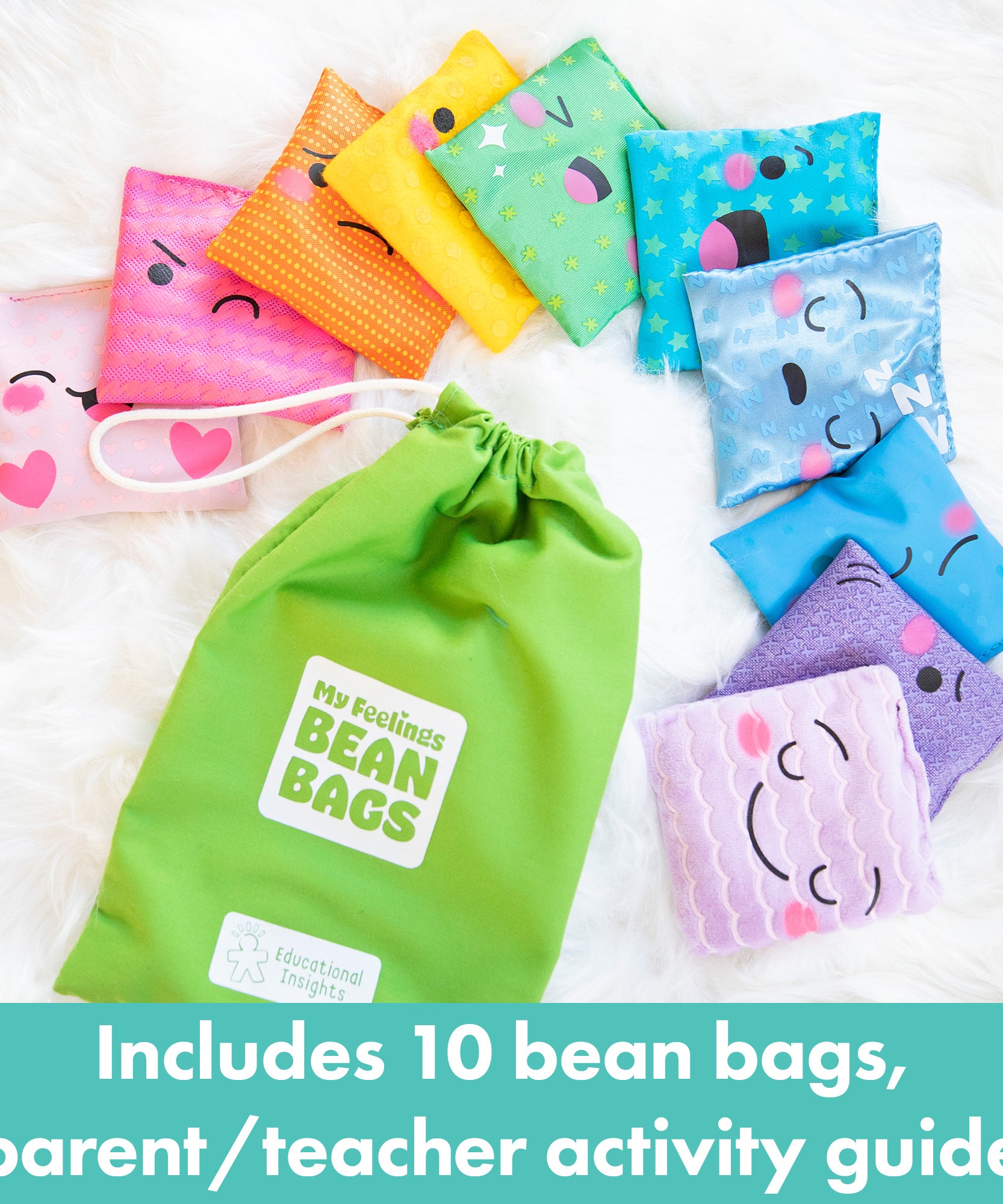 موارد التعلم أكياس الفاصولياء "مشاعري"، مجموعة من 10 أكياس فاصولياء للعواطف اللمسية، التعلم العاطفي الاجتماعي للأطفال، يطور المفردات والمهارات الحركية والوعي الحسي، يتضمن دليل الأنشطة وحقيبة التخزين، للأعمار من 3 سنوات فما فوق